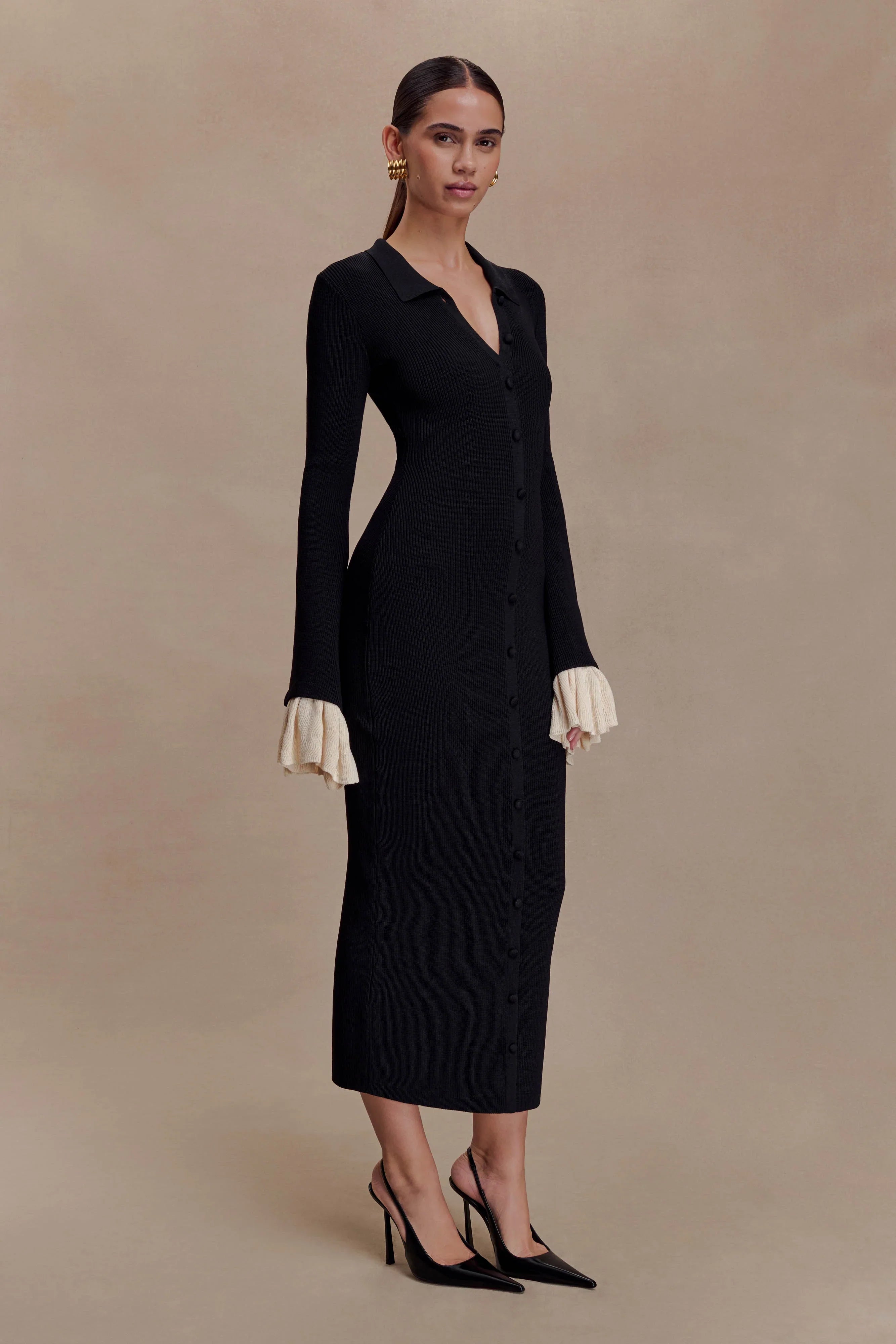 Amirose Ruffle Knit Midi Dress Black