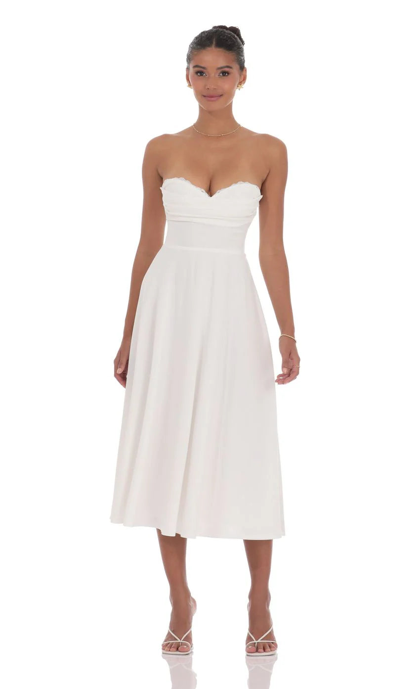 Lace Bust A Line Midi Dress in White