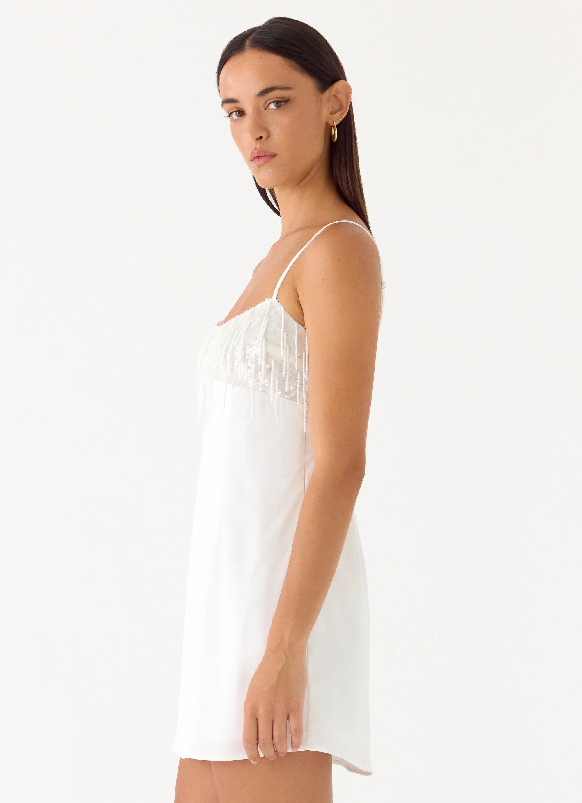 Siren Beaded Sequin Mini Dress White