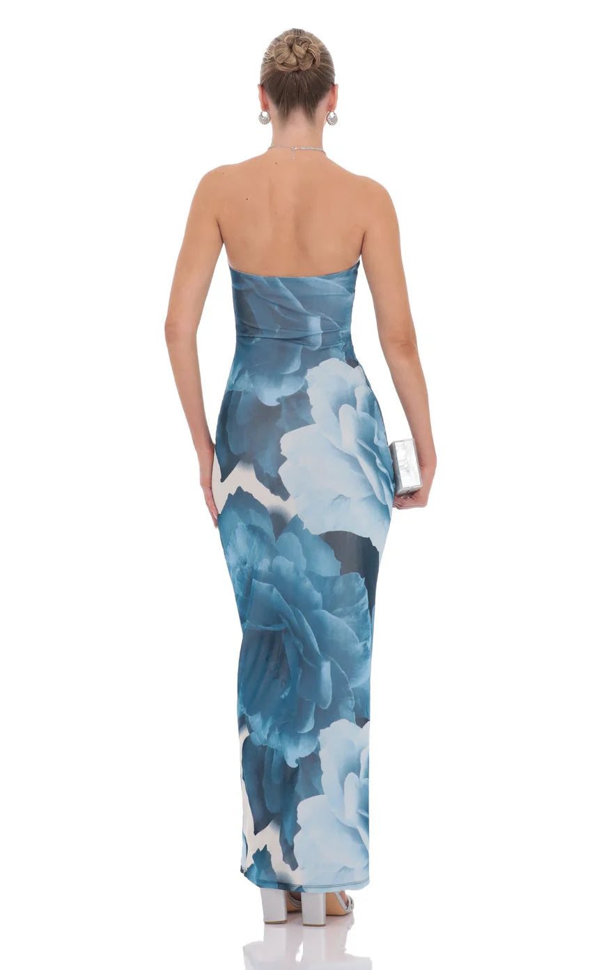 Floral Strapless Maxi Dress in Blue