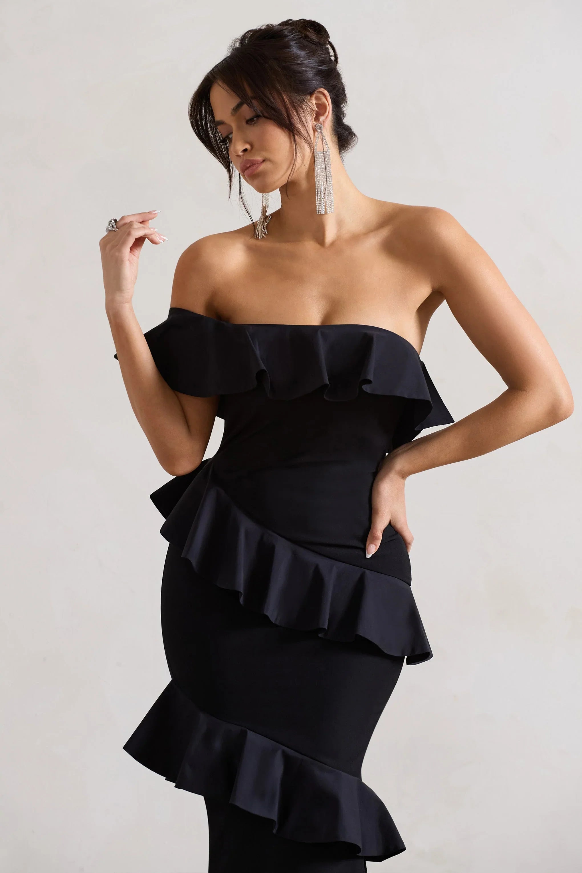 Cinematic Black Bardot Ruffled Fishtail Maxi Dress