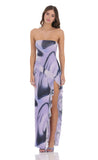 Swirl Mesh Strapless Ruffle Slit Dress in Purple