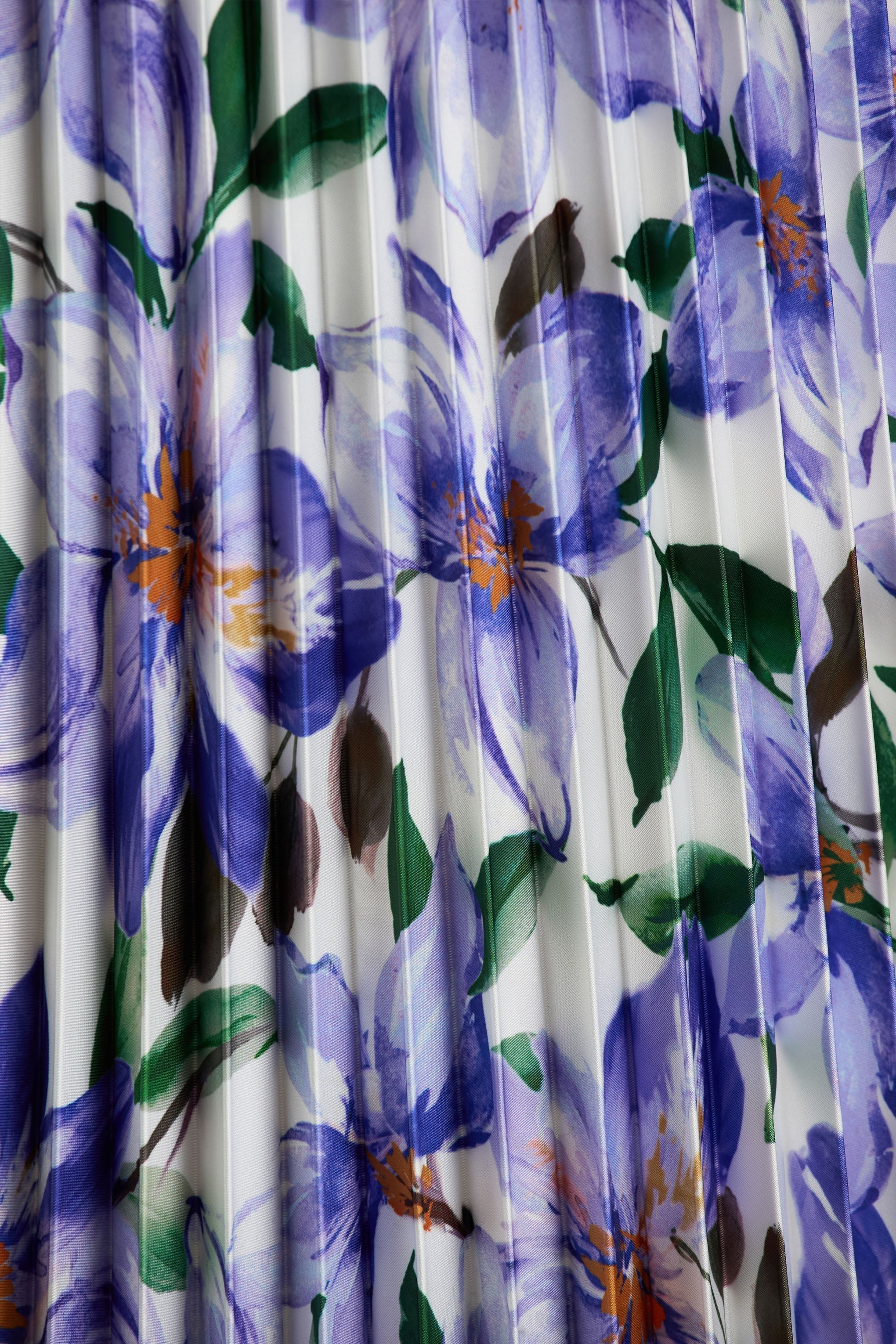 Peyton Purple Lily Print Satin Sweetheart Neck Midi Dress With Pleated Details