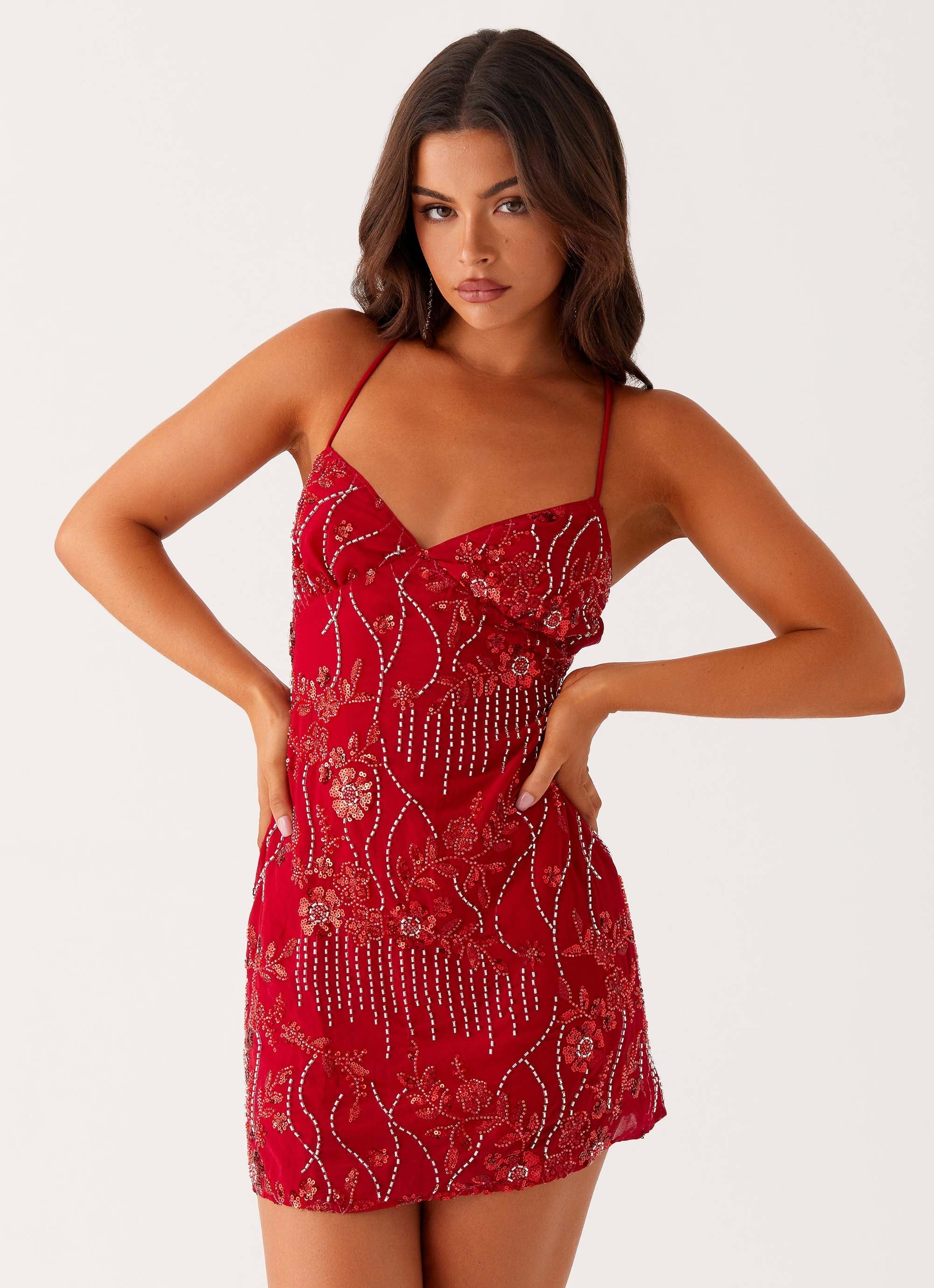 Vietta Sequin Cami Micro Mini Dress Red