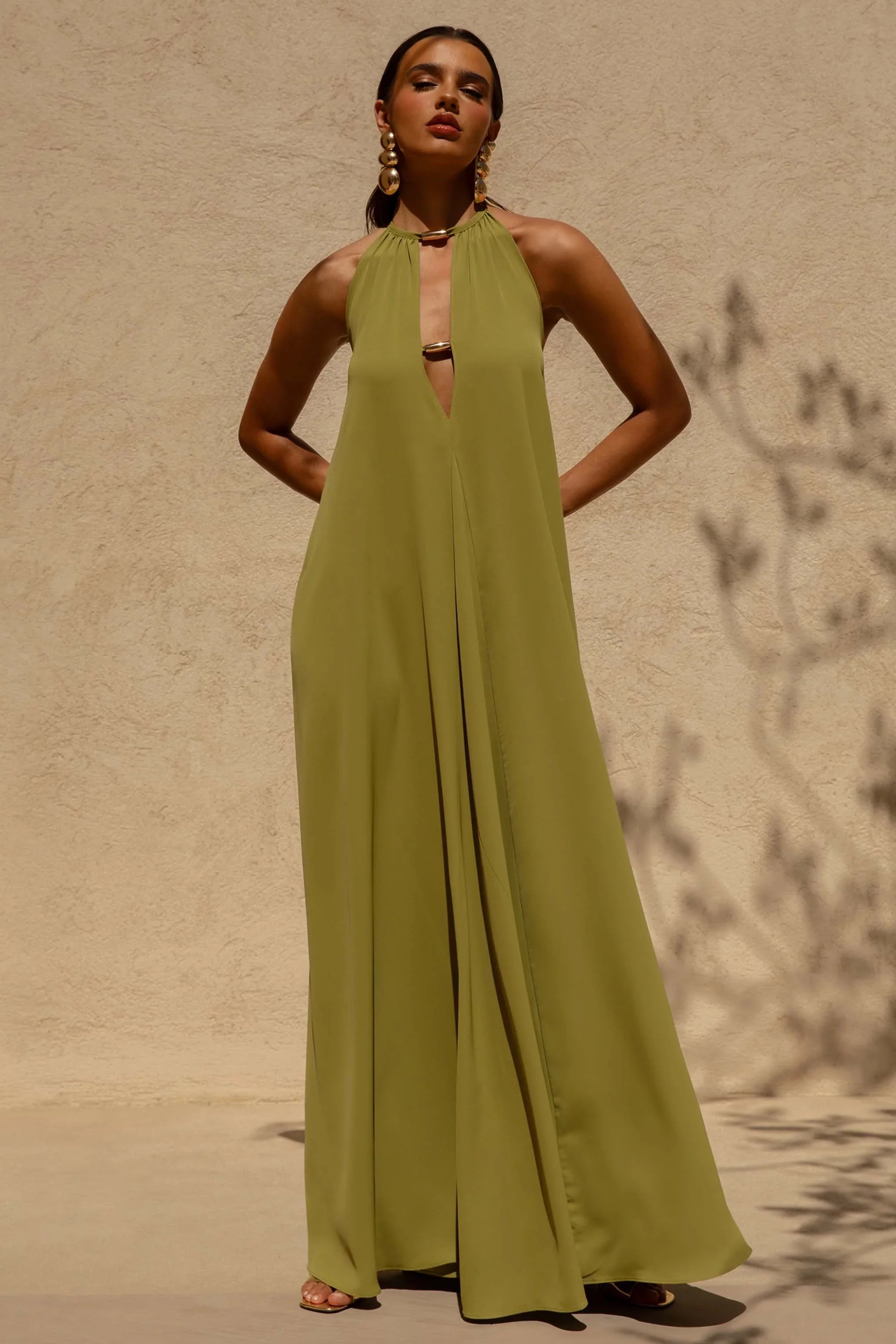 Zyon Green High Neck Maxi Dress with Cut Out Details