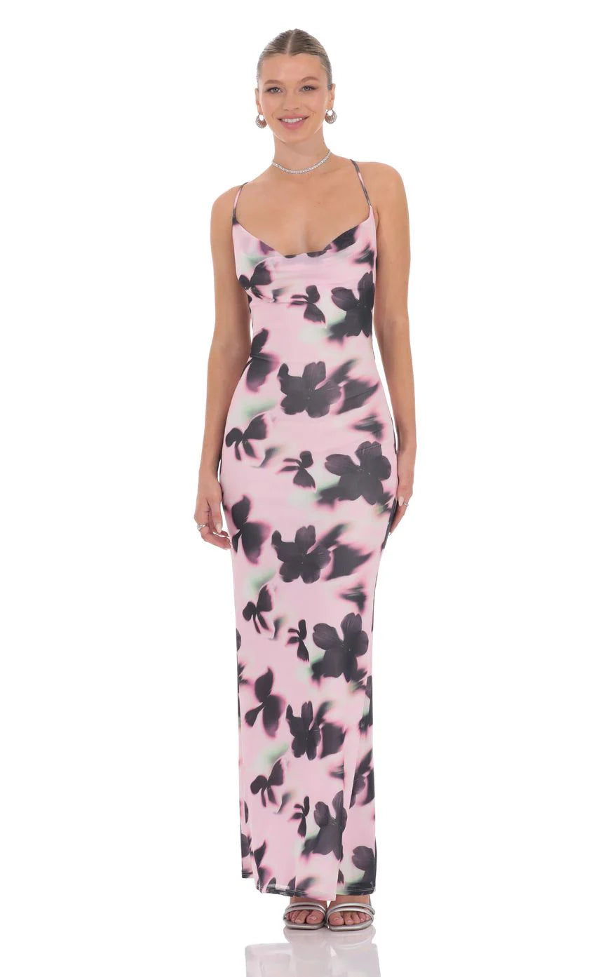 Mesh Lilly Print Cowl Neck Maxi Dress in Pink