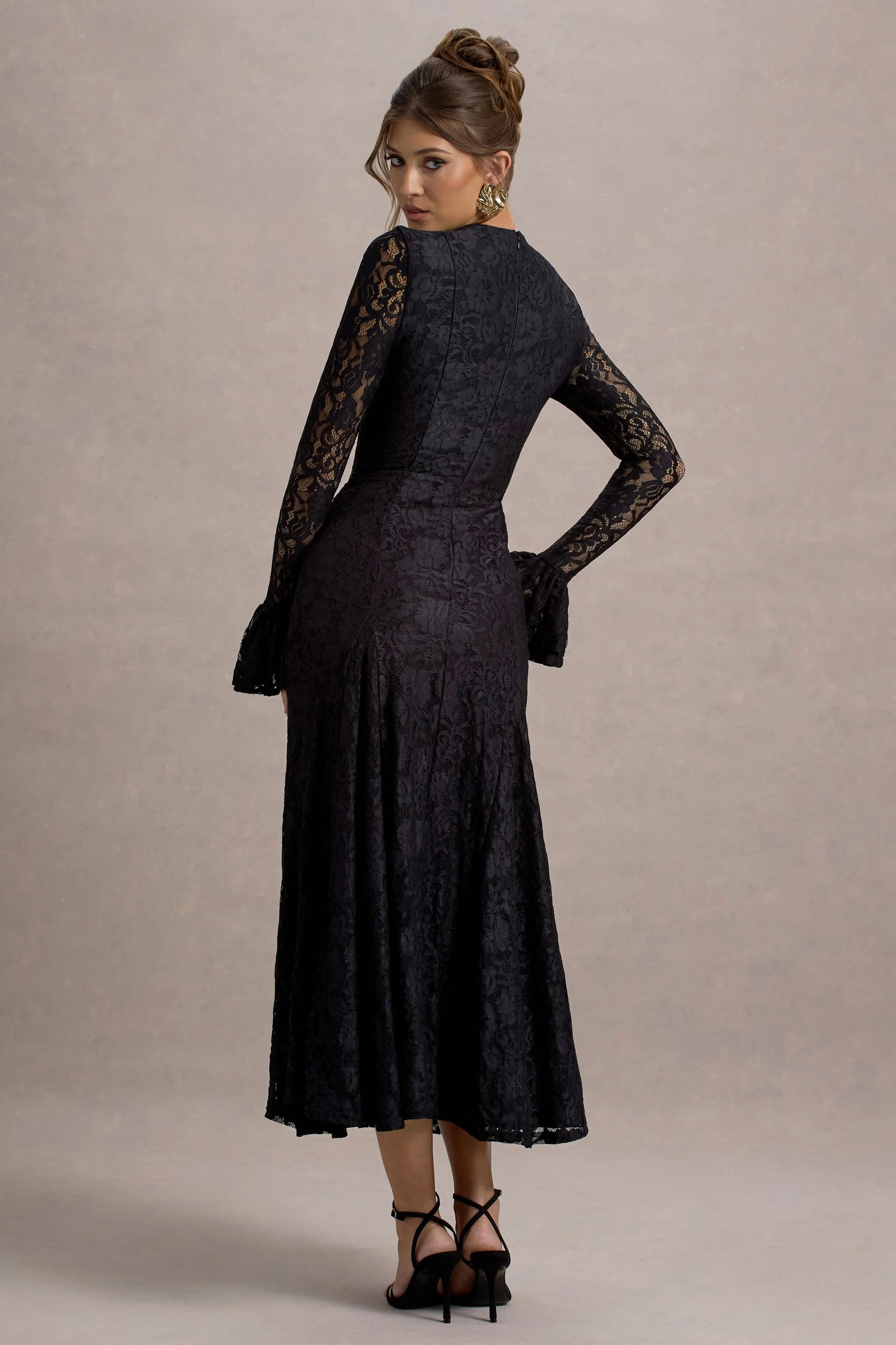 For Life Black Lace Long Sleeve Midi Dress