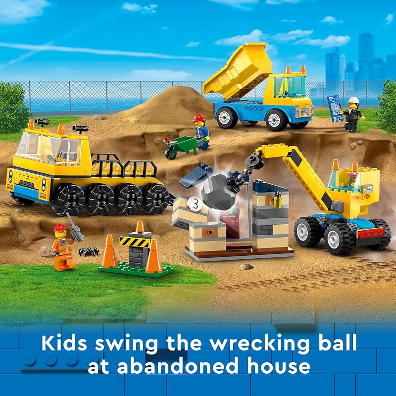 LEGO City Construction Trucks and Wrecking Ball Crane 60391 Building Toy Set for Toddler Kids Ages 4 Includes 3 Construction Vehicles an Abandoned House and 3 Minifigures for Pretend Play