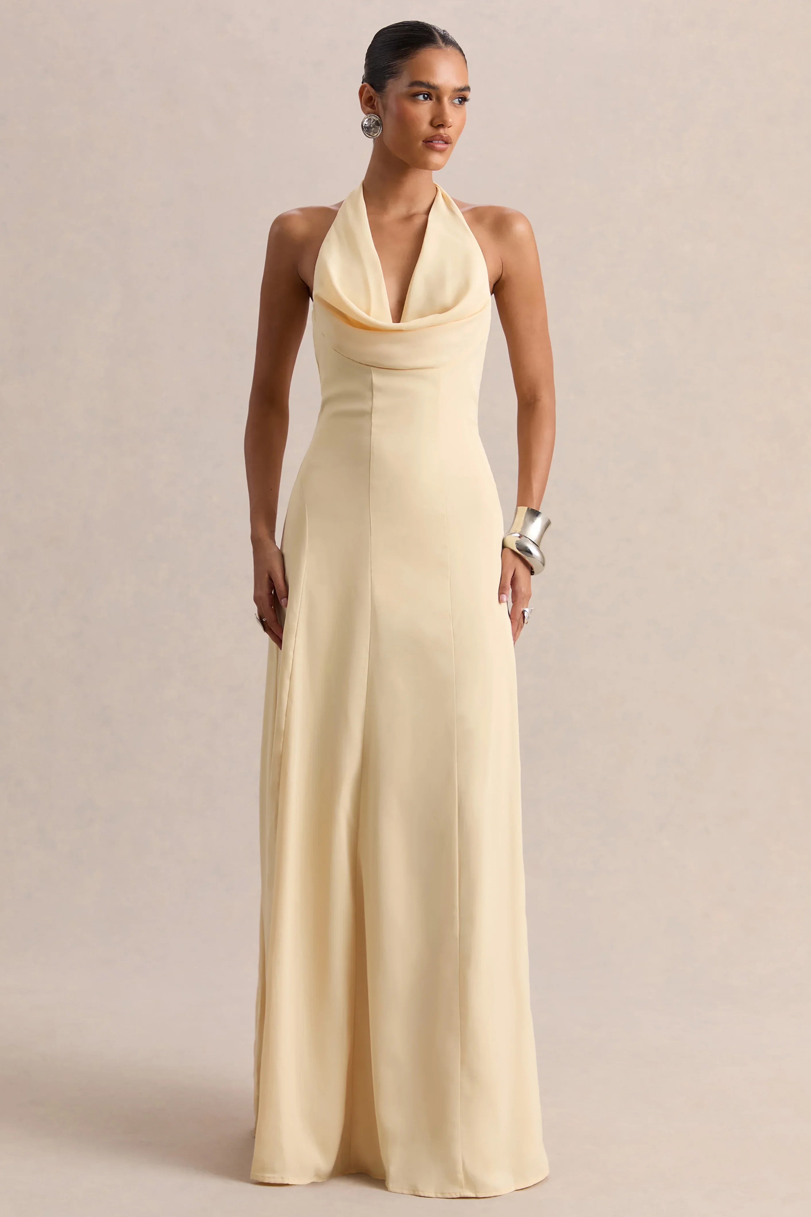 Undeniable Lemon Cowl Neck Draped Maxi Dress