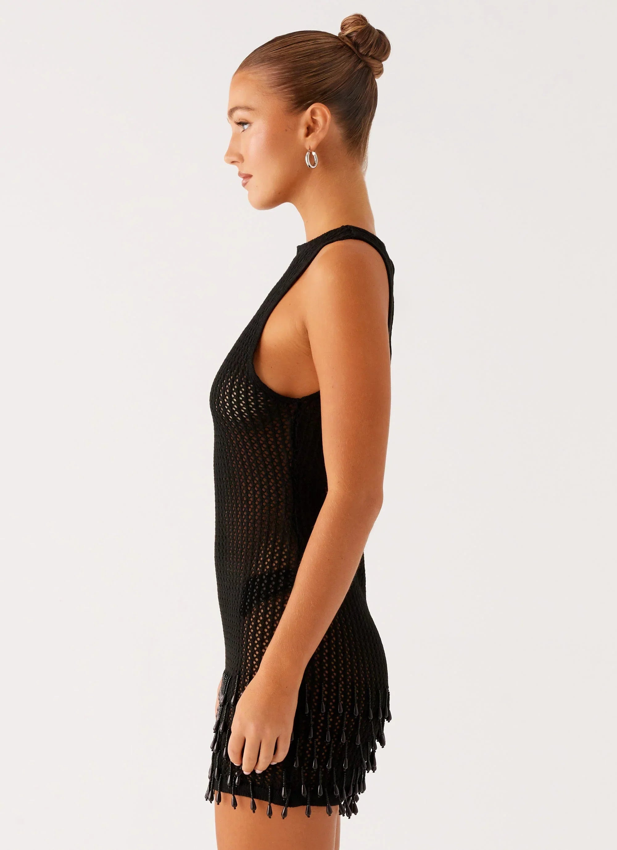 Miracle Beaded Crochet Mini Dress Black