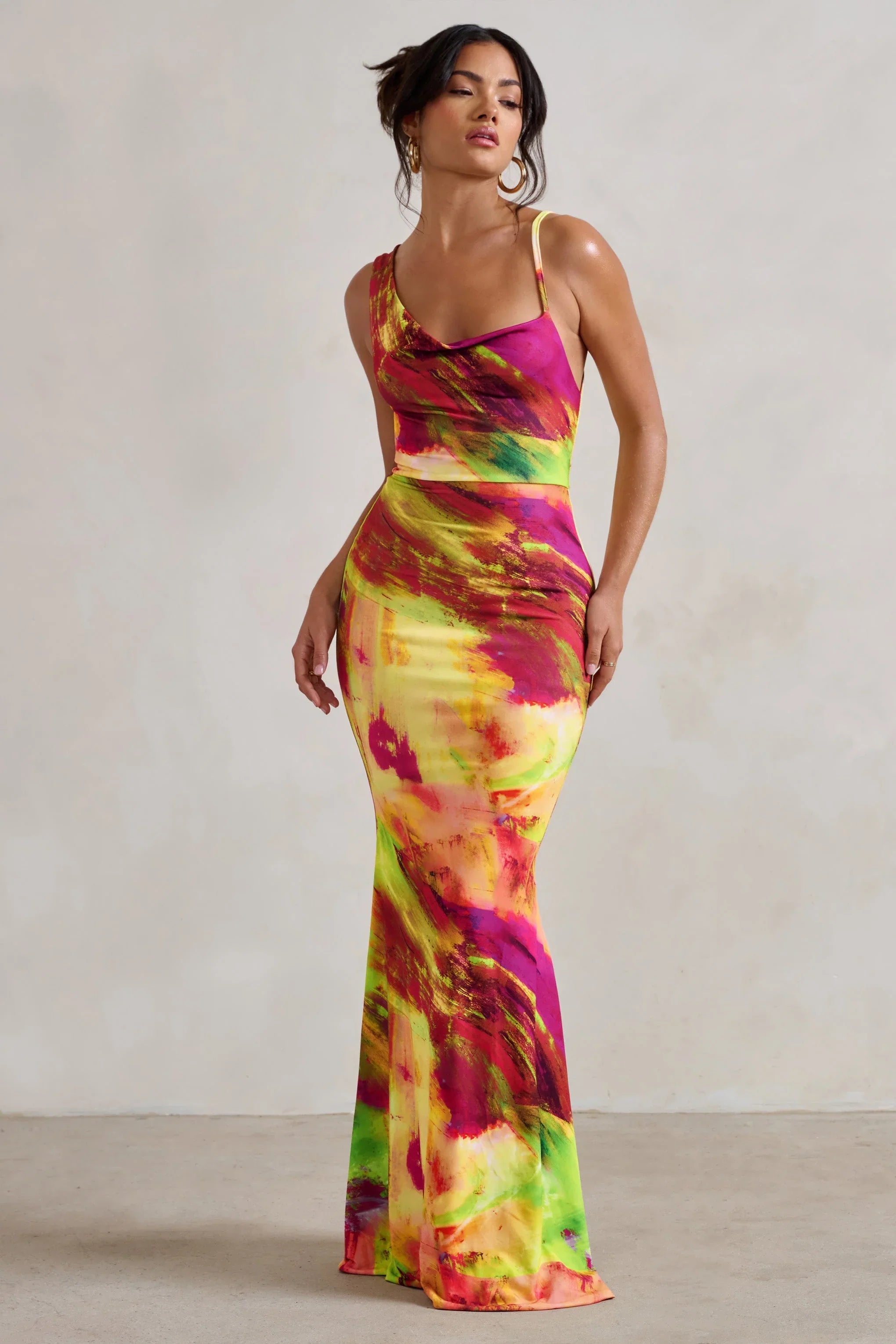 Phantasy Lime Print Asymmetric Neckline Cowl Maxi Dress
