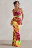Phantasy Lime Print Asymmetric Neckline Cowl Maxi Dress
