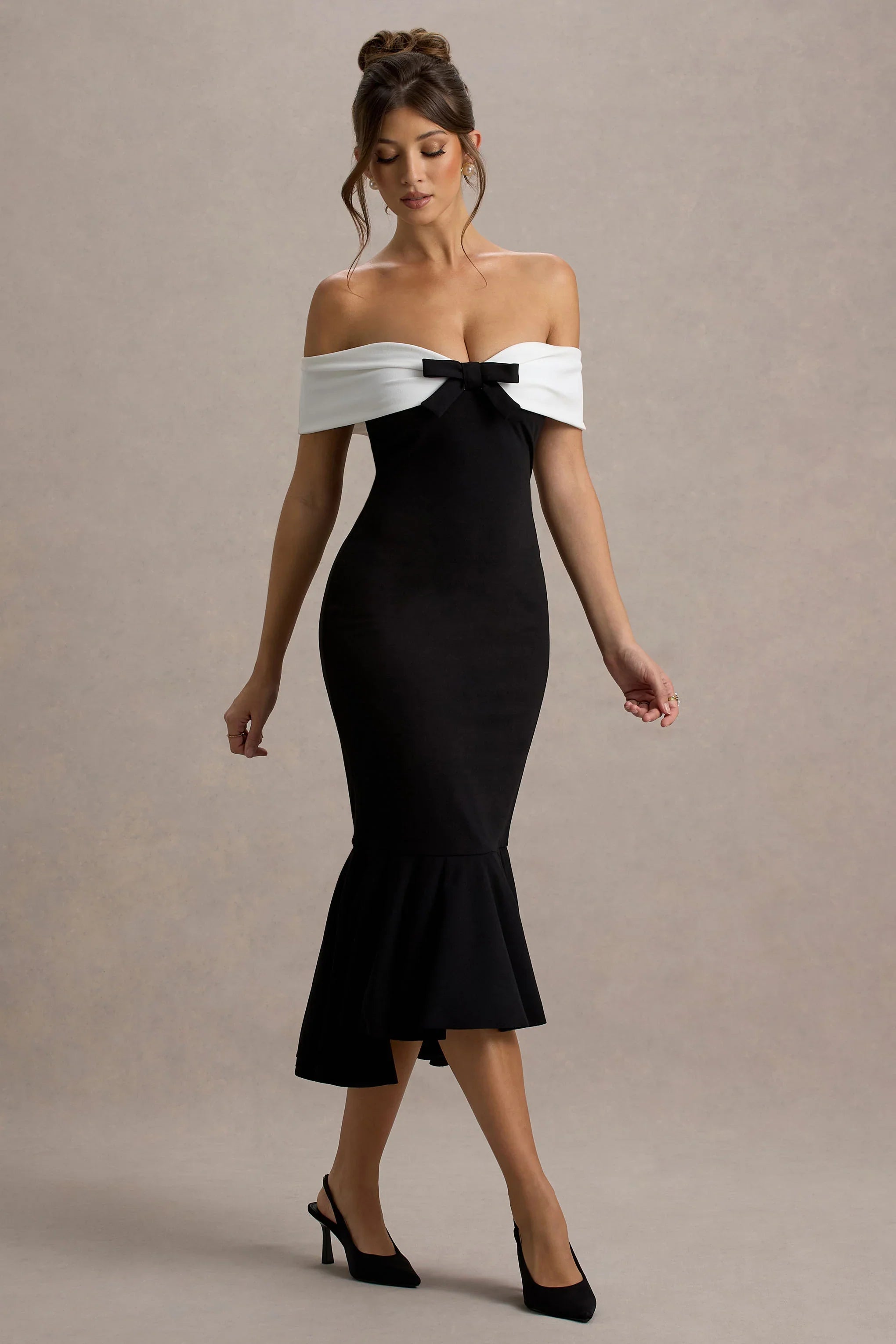 Corola Black White Bardot Volume Hem Midi Dress