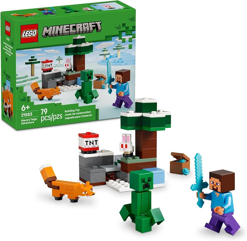 LEGO Minecraft Steves Taiga Adventure Building Toy for Boys Girls Video Game Playset Toy Figures for Kids Ages 6 W 2 Minifigures 2 Pretend Play Animals Gift Idea for Birthdays 21583