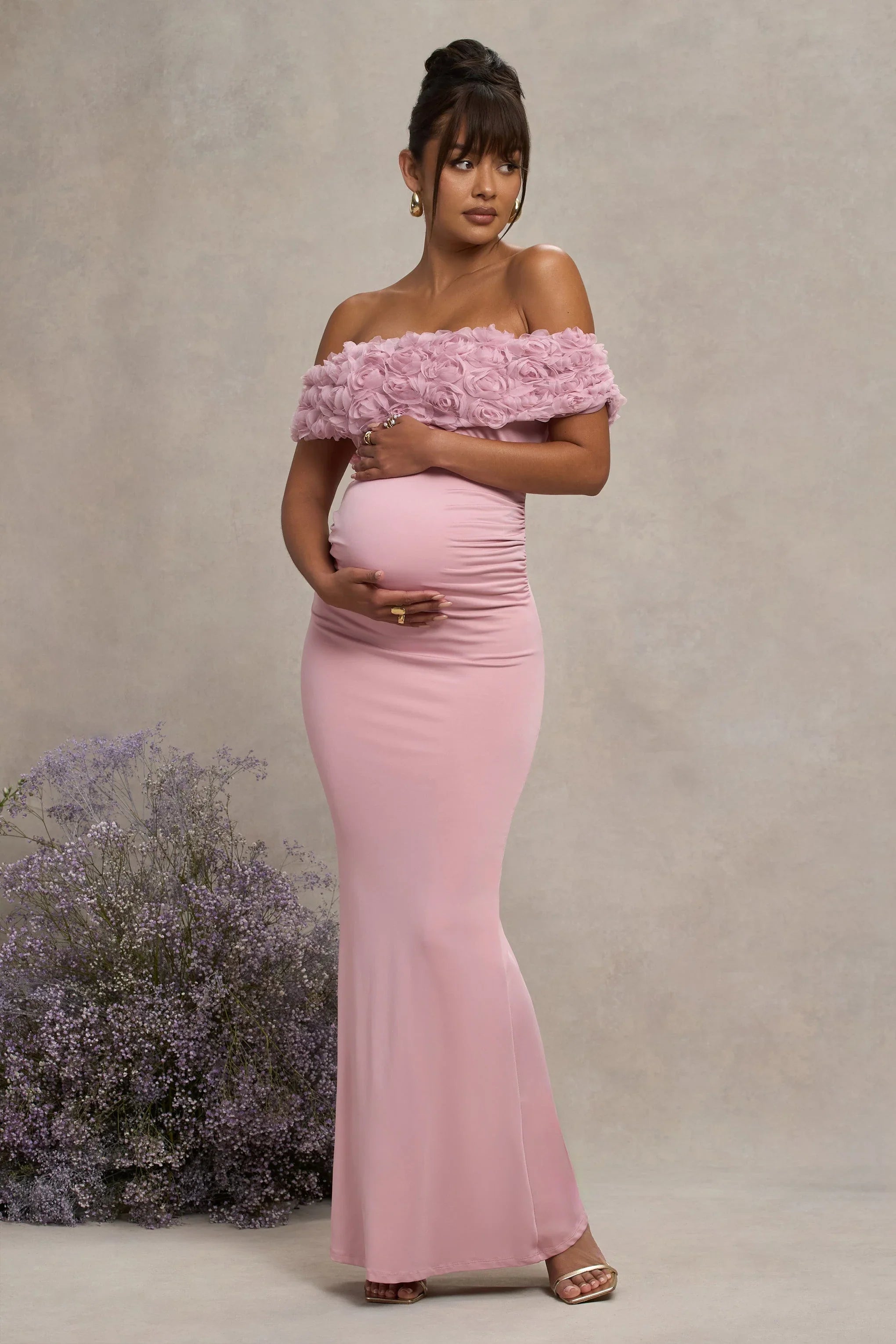 Inflorescence Blush Pink Mesh Floral Bardot Maternity Maxi Dress