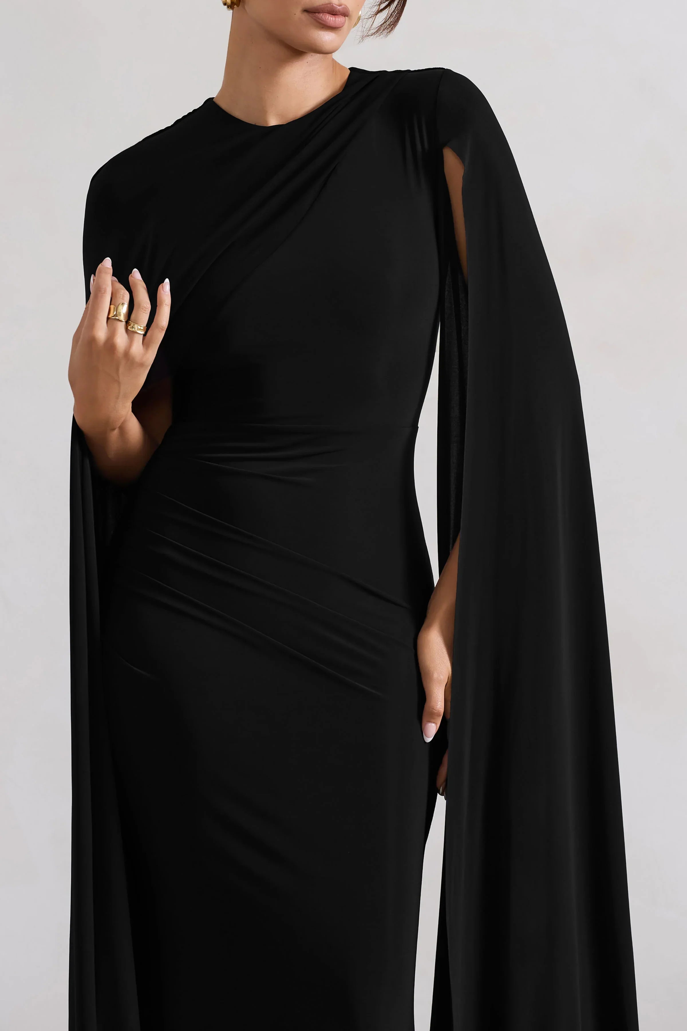 Magdelena Black Asymmetric Cape Maxi Dress