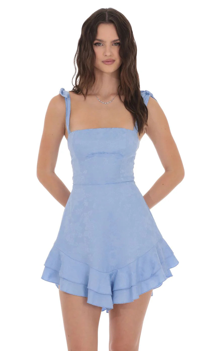 Floral Jacquard Ruffle A line Dress in Light Blue