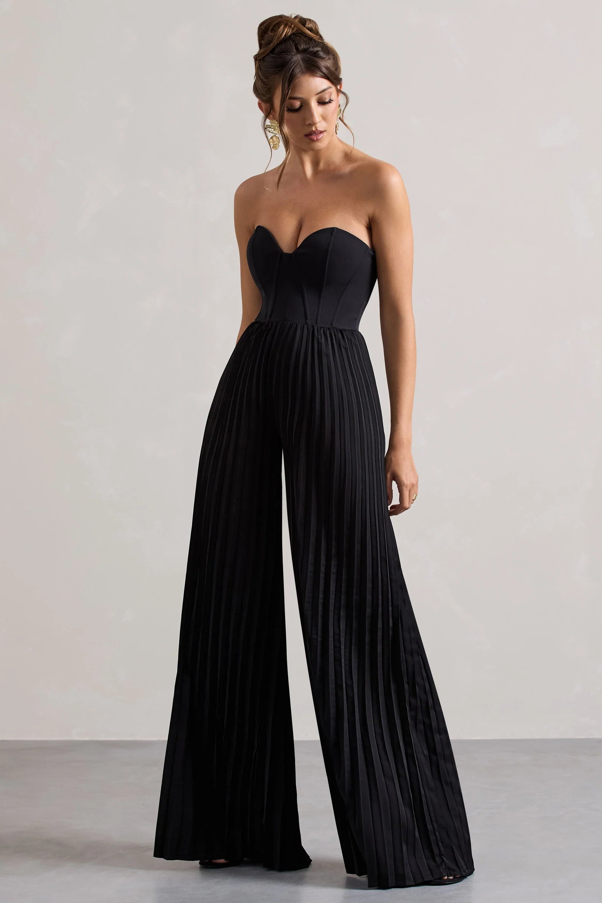Lorelai Black Corset Plisse Wide Leg Jumpsuit