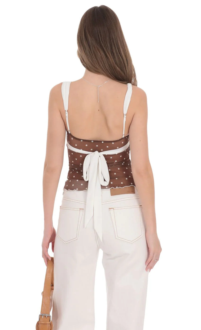 Two Toned Mesh Polka Dot Top in Brown and White