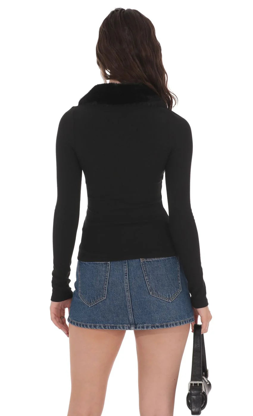 Fur Collar Zip Up Cardigan in Black