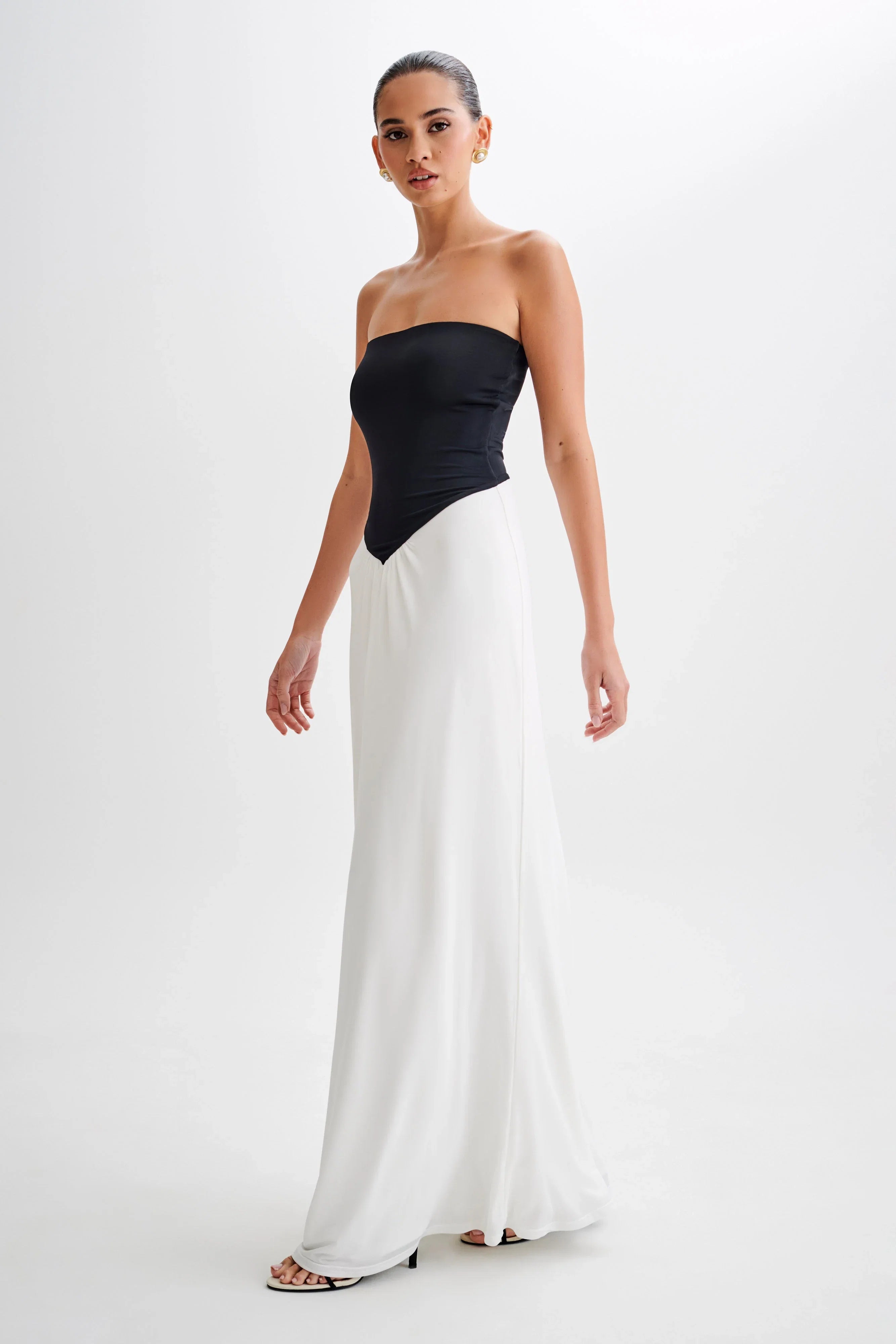 Ruby Strapless Slinky Maxi Dress Black White