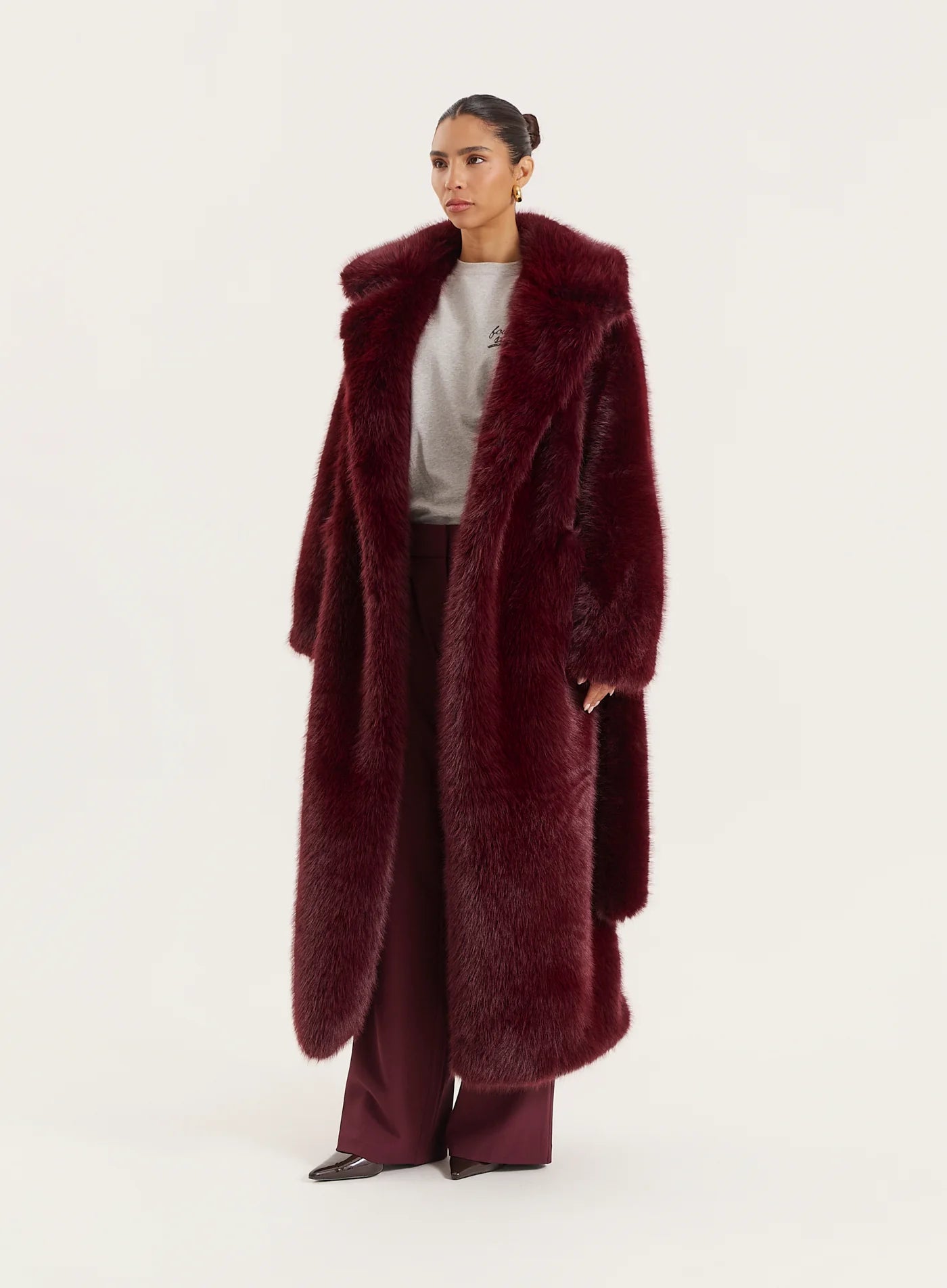 Burgundy Faux Fur Belted Longline Coat