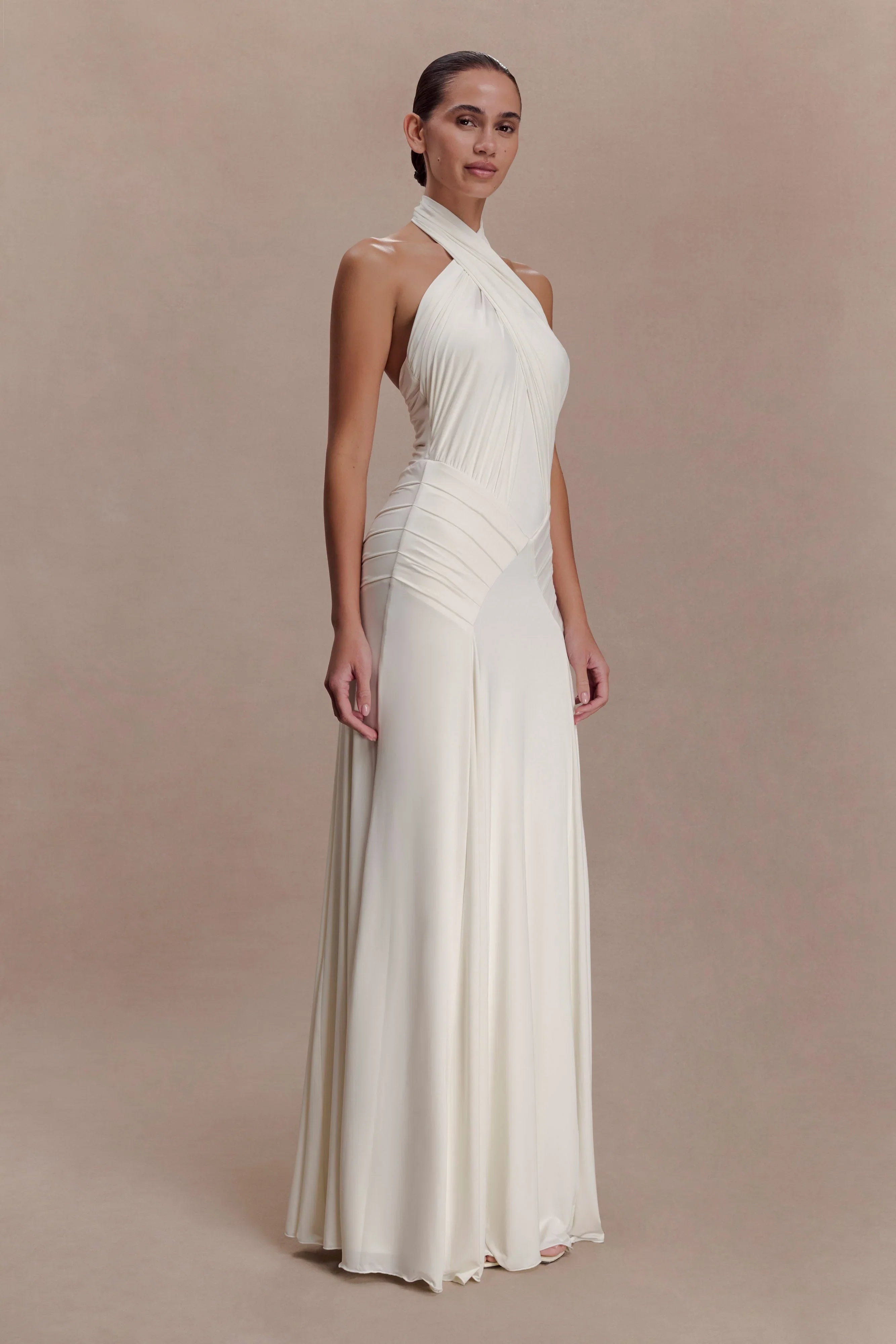 Indira Gathered Slinky Halter Maxi Dress Ivory