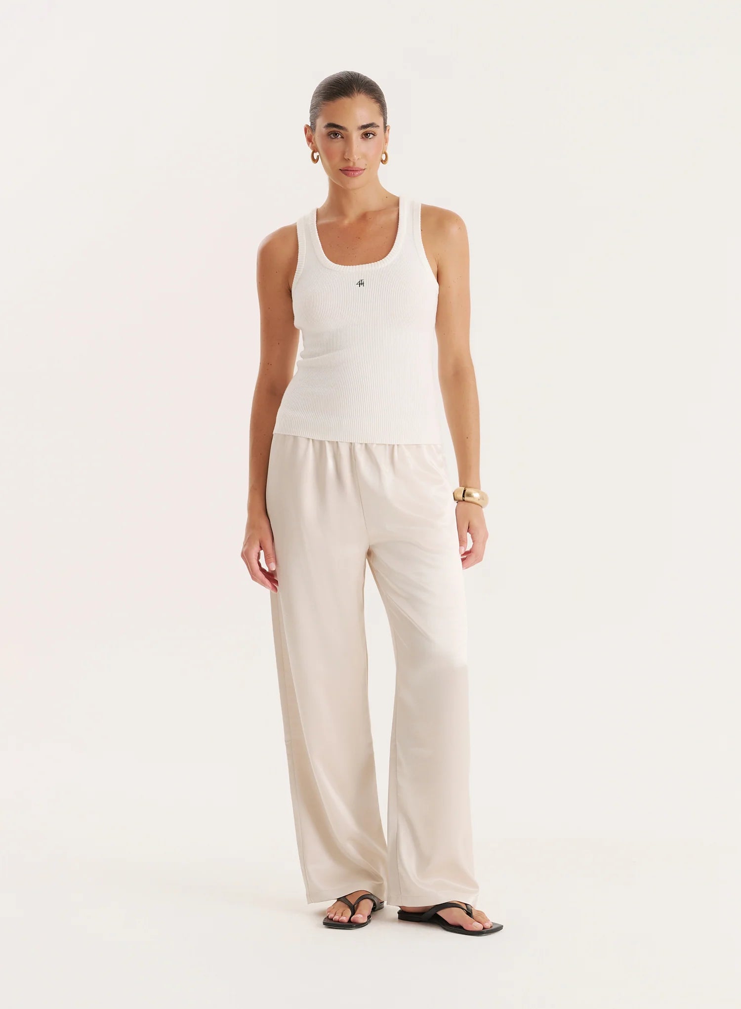 Cream Satin Elasticated Waist Wide Leg Trouser
