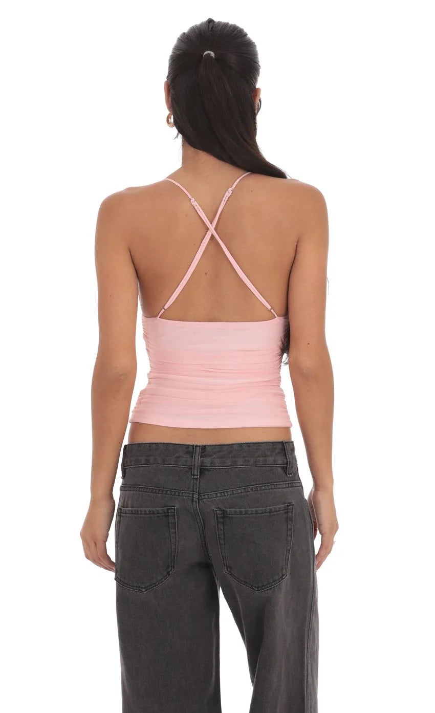 Mesh V Neck Top in Pink