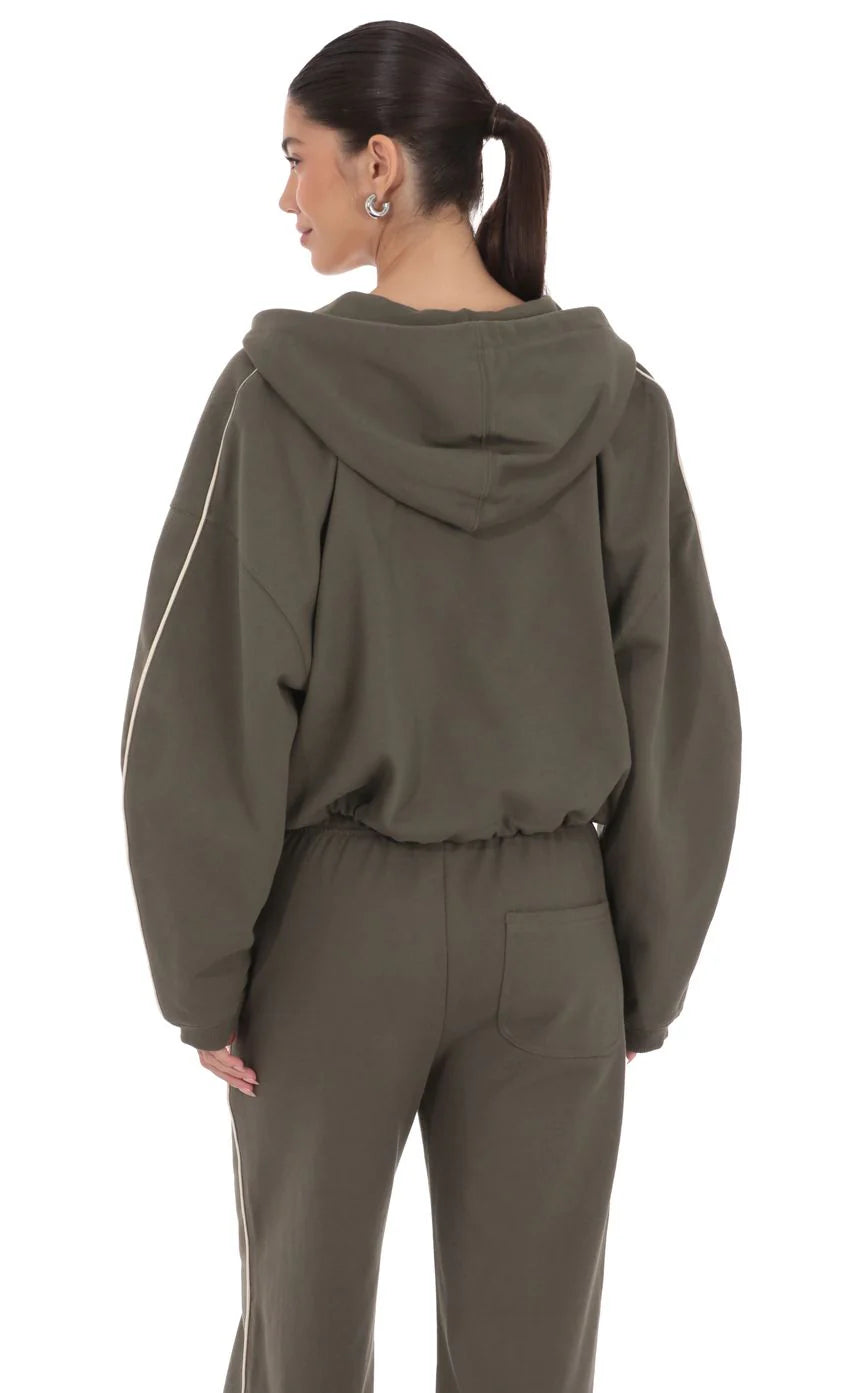 Cropped Cinch Waist Hoodie in Olive Green