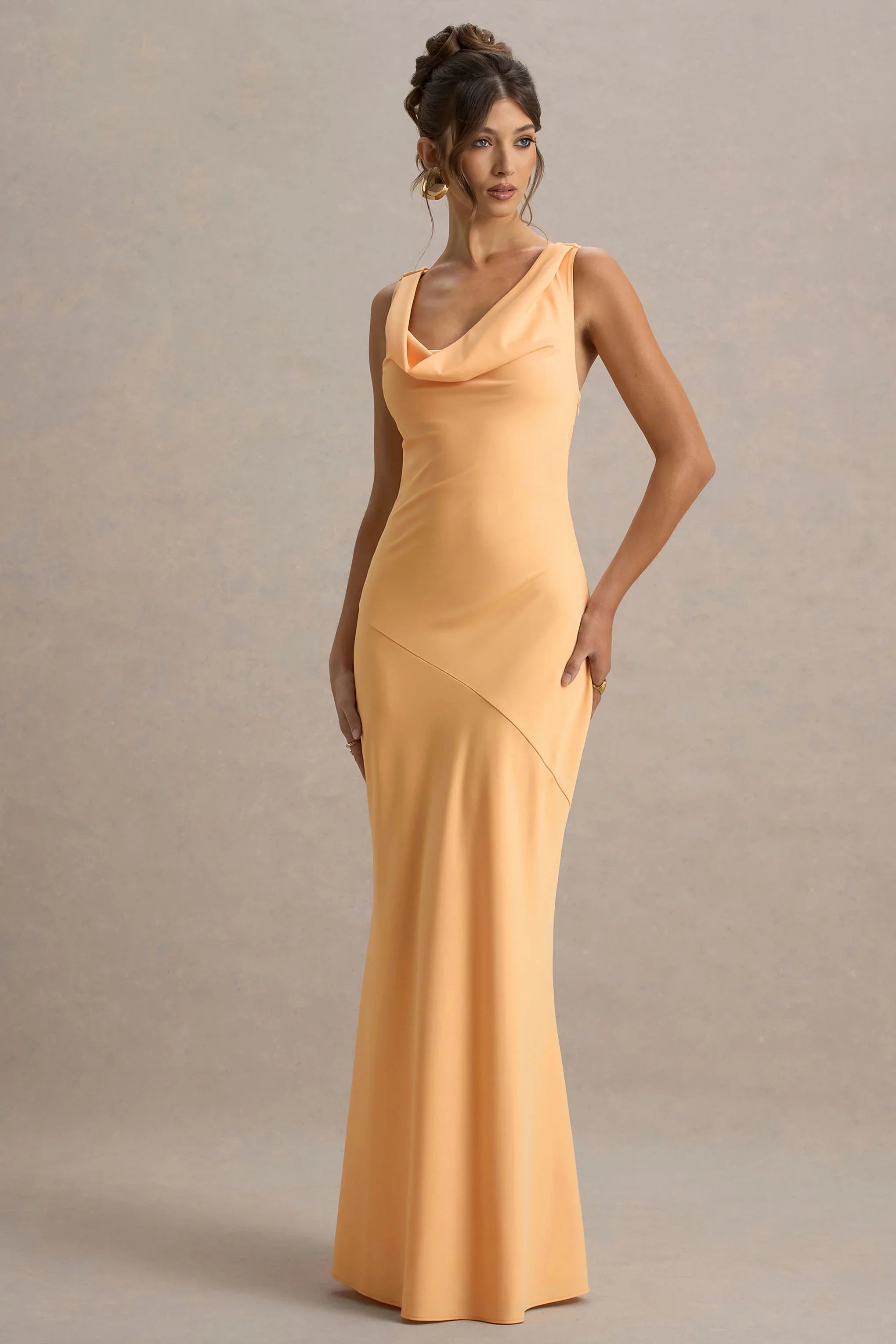 Alesso Peach Satin Cowl Neck Slip Maxi Dress