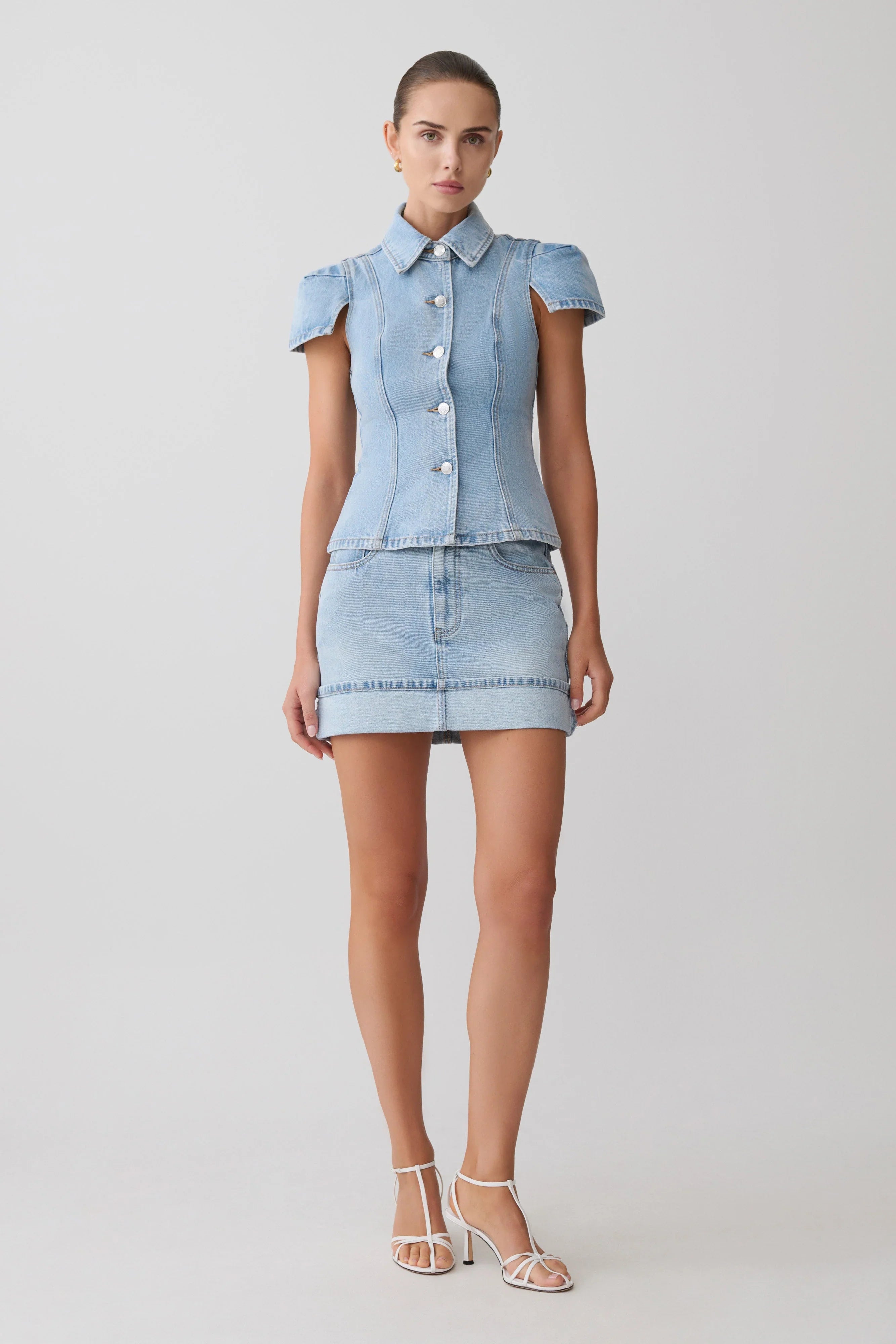 Bently Short Sleeve Denim Top Washed Light Blue