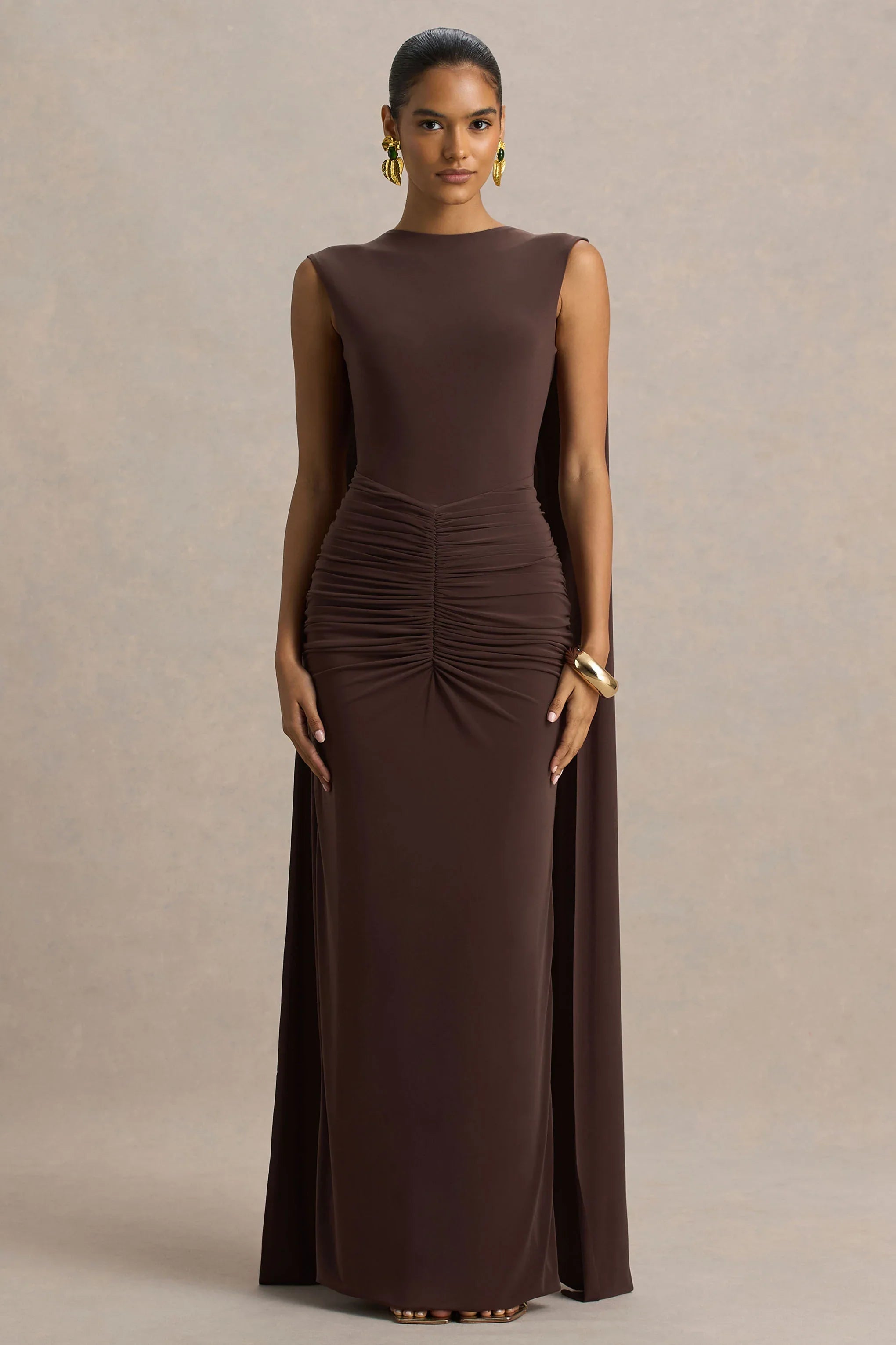 Premiere Brown Boat Neck Maxi Dress With Cape Sleeves And Open Back