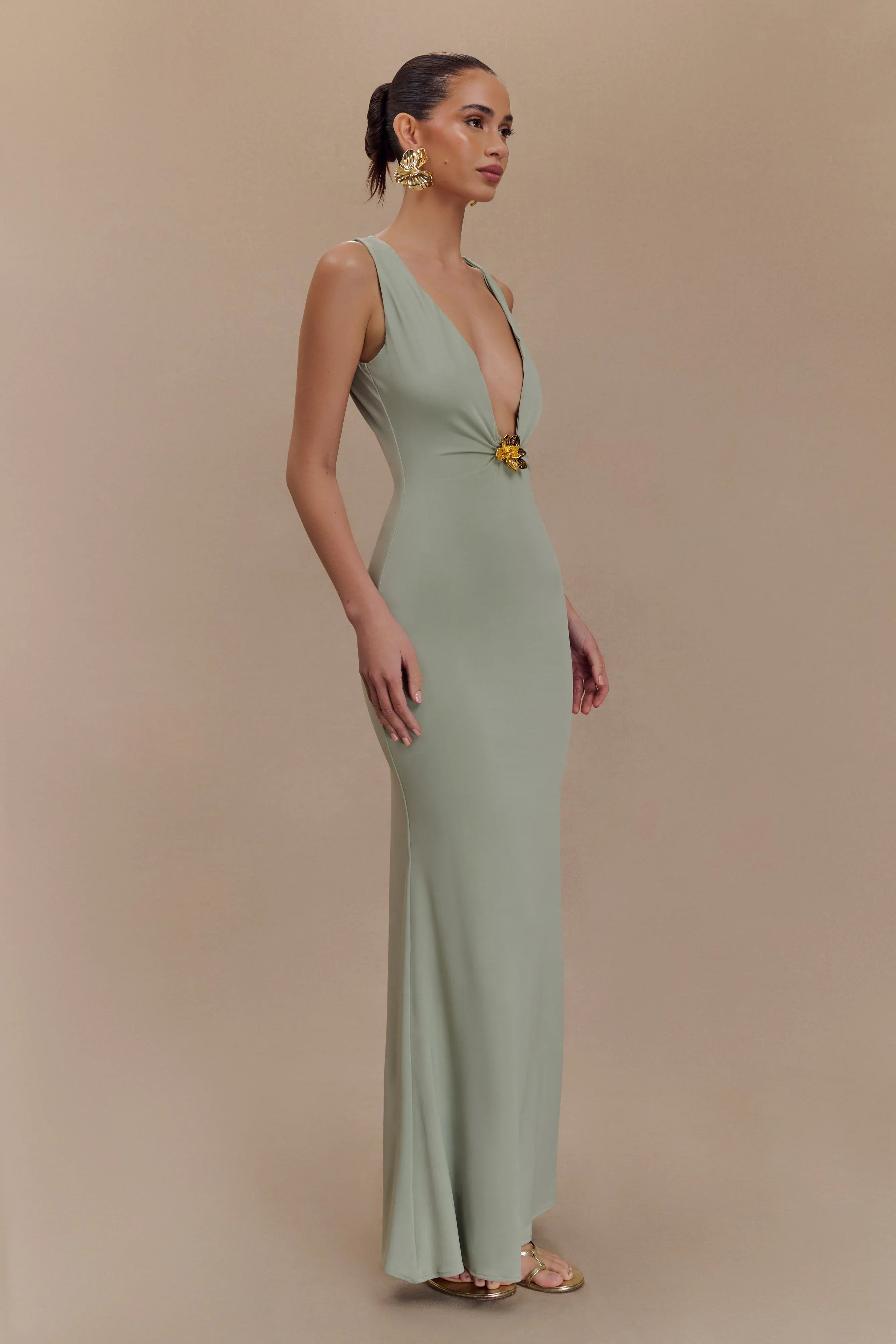 Beck Plunge Maxi Dress With Floral Hardware Basil