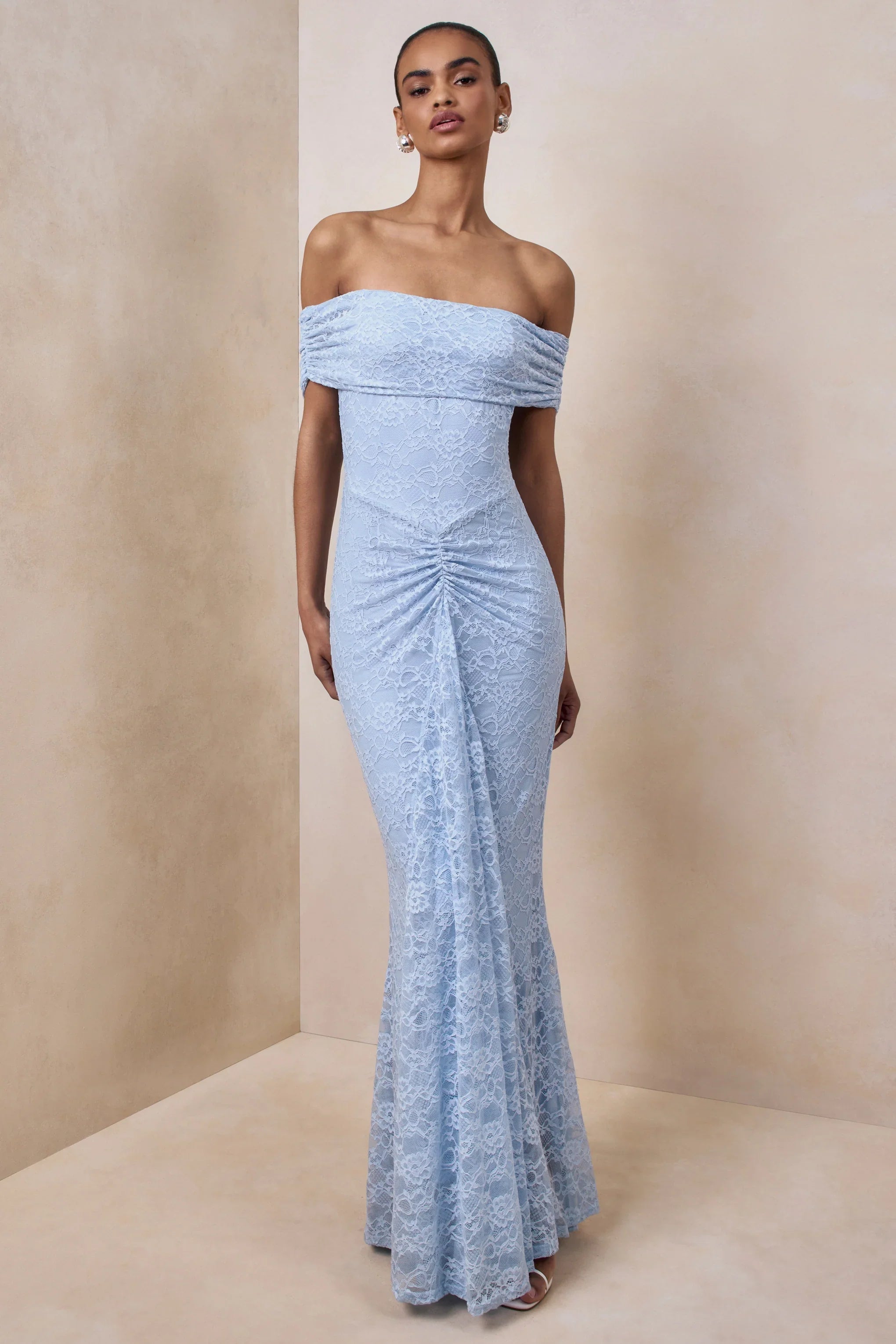 Elinor Powder Blue Lace Bardot Neck Maxi Dress With Gathered Detailing