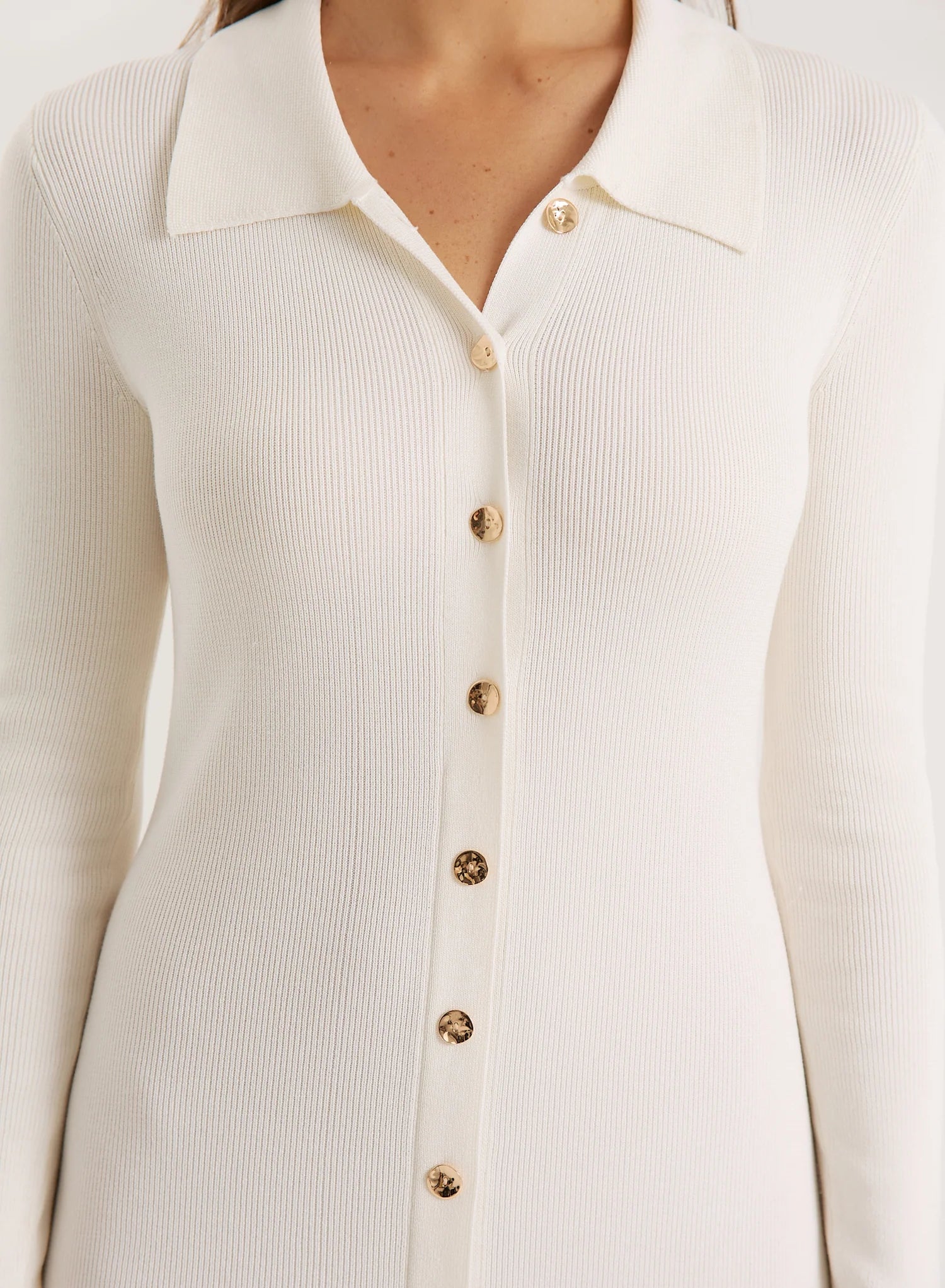 Off White Collared Button Down Knitted Dress