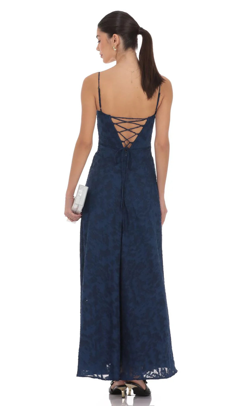 Burnout Lace Up Maxi Dress in Navy