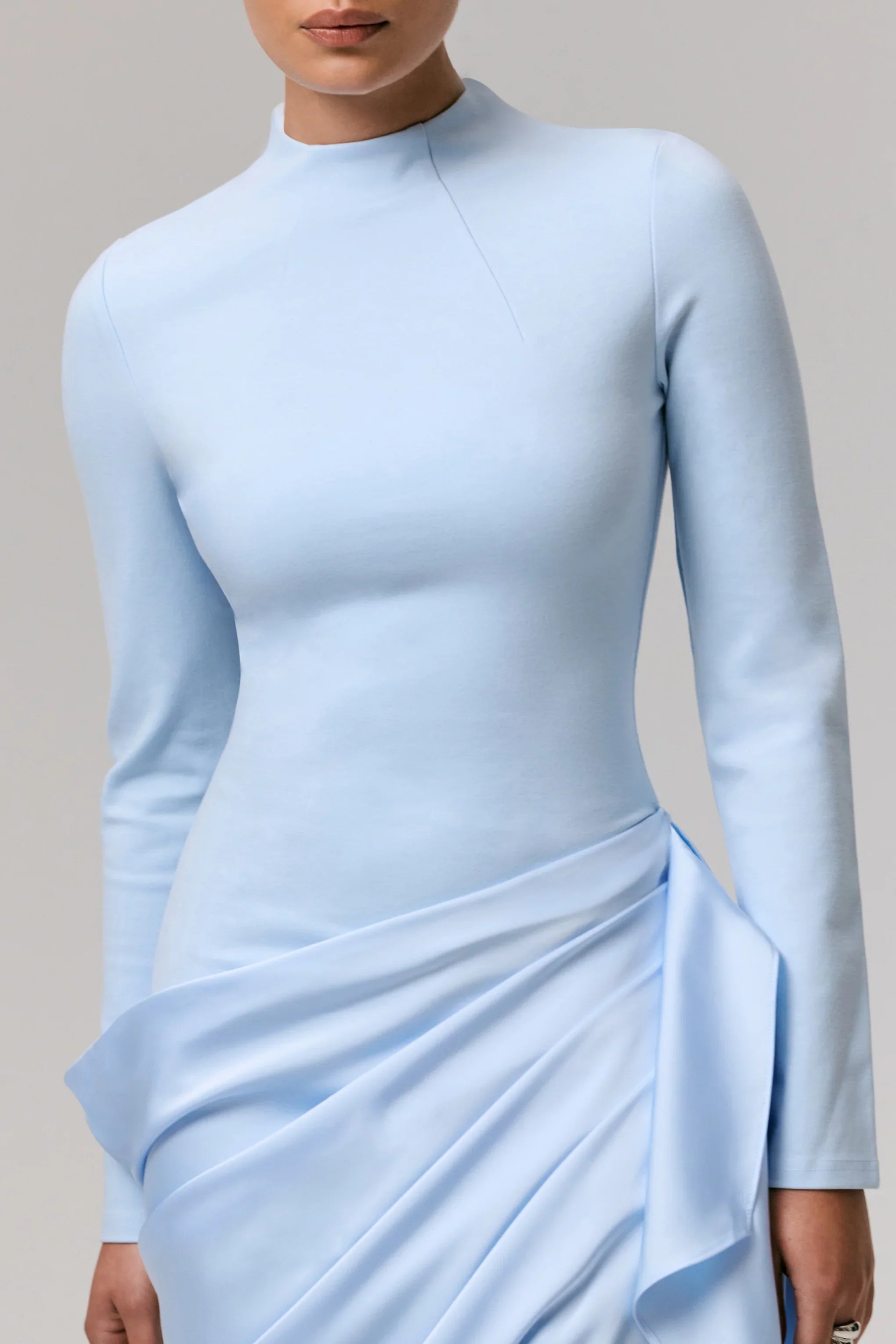 Raffie Powder Blue Long Sleeve Midi Dress With Satin Wrap Skirt