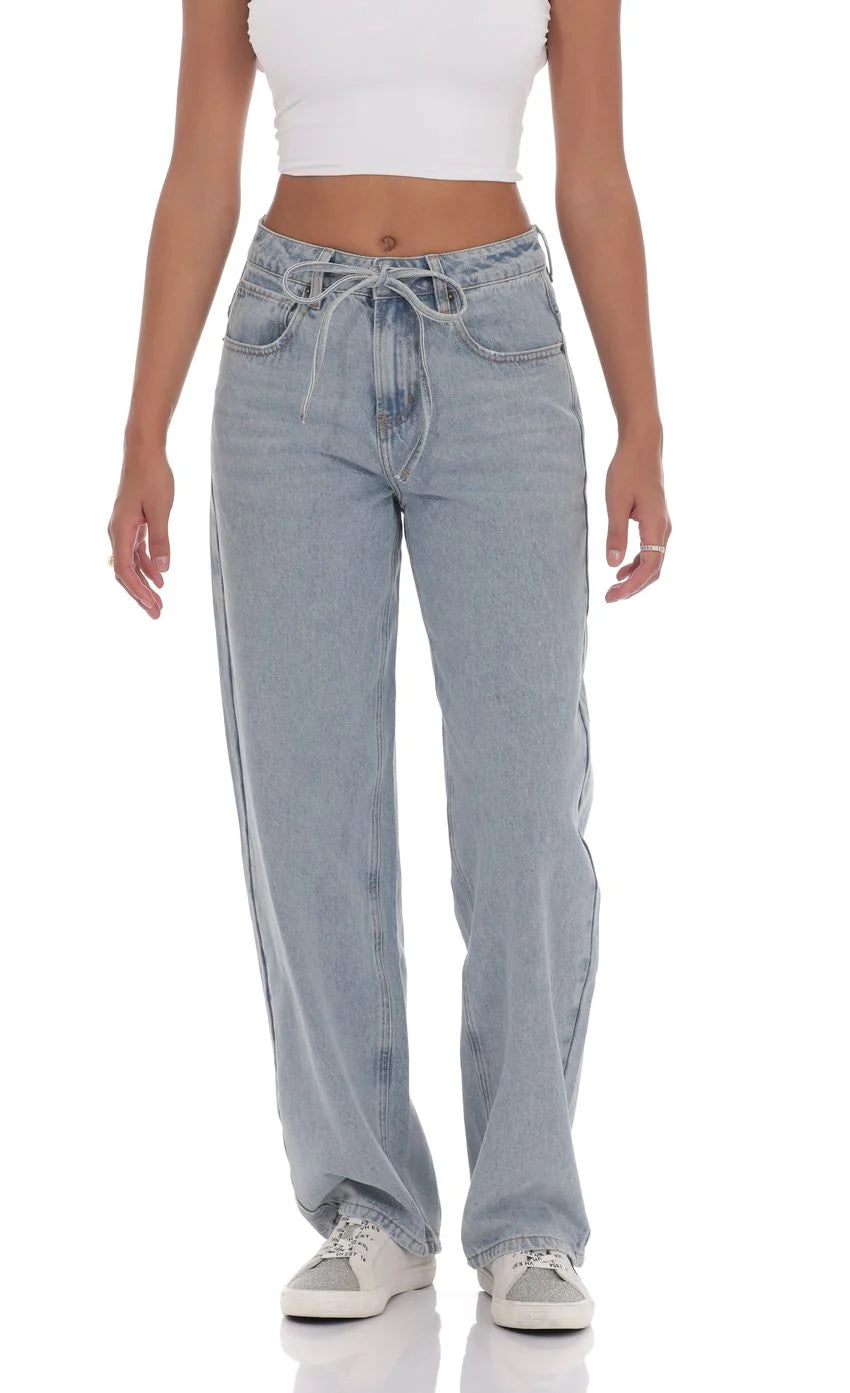 Drawstring Denim Jeans in Blue Wash