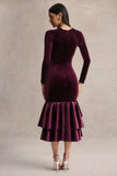 Emberlyn Burgundy Velvet Scoop Neck Fishtail Midi Dress