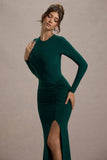 Leslie Bottle Green Long Sleeve Twisted Split Maxi Dress