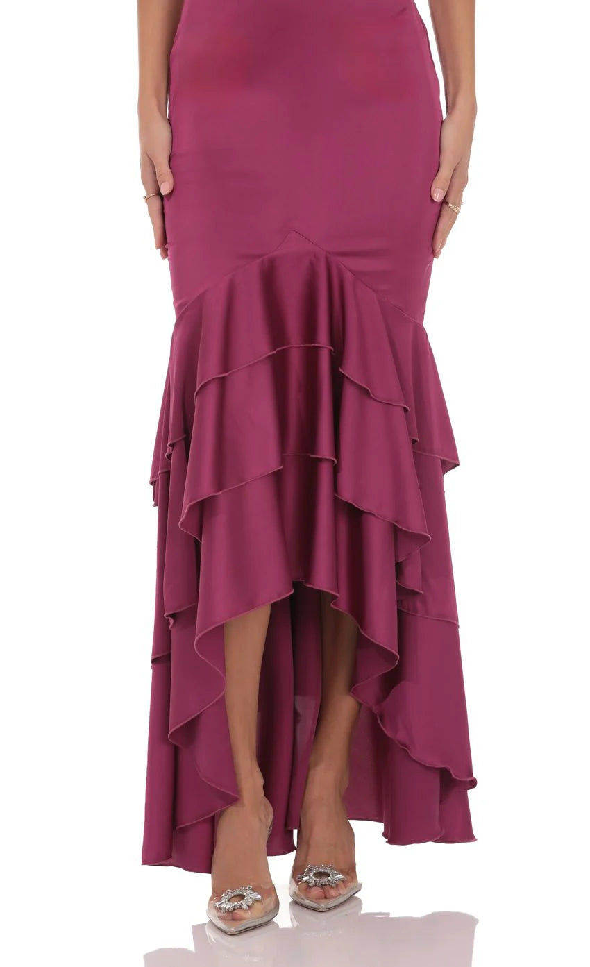 Satin Ruffle Fishtail Maxi Dress in Magenta
