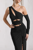 Carlina Black Ruched One Shoulder Cut Out Split Maxi Dress