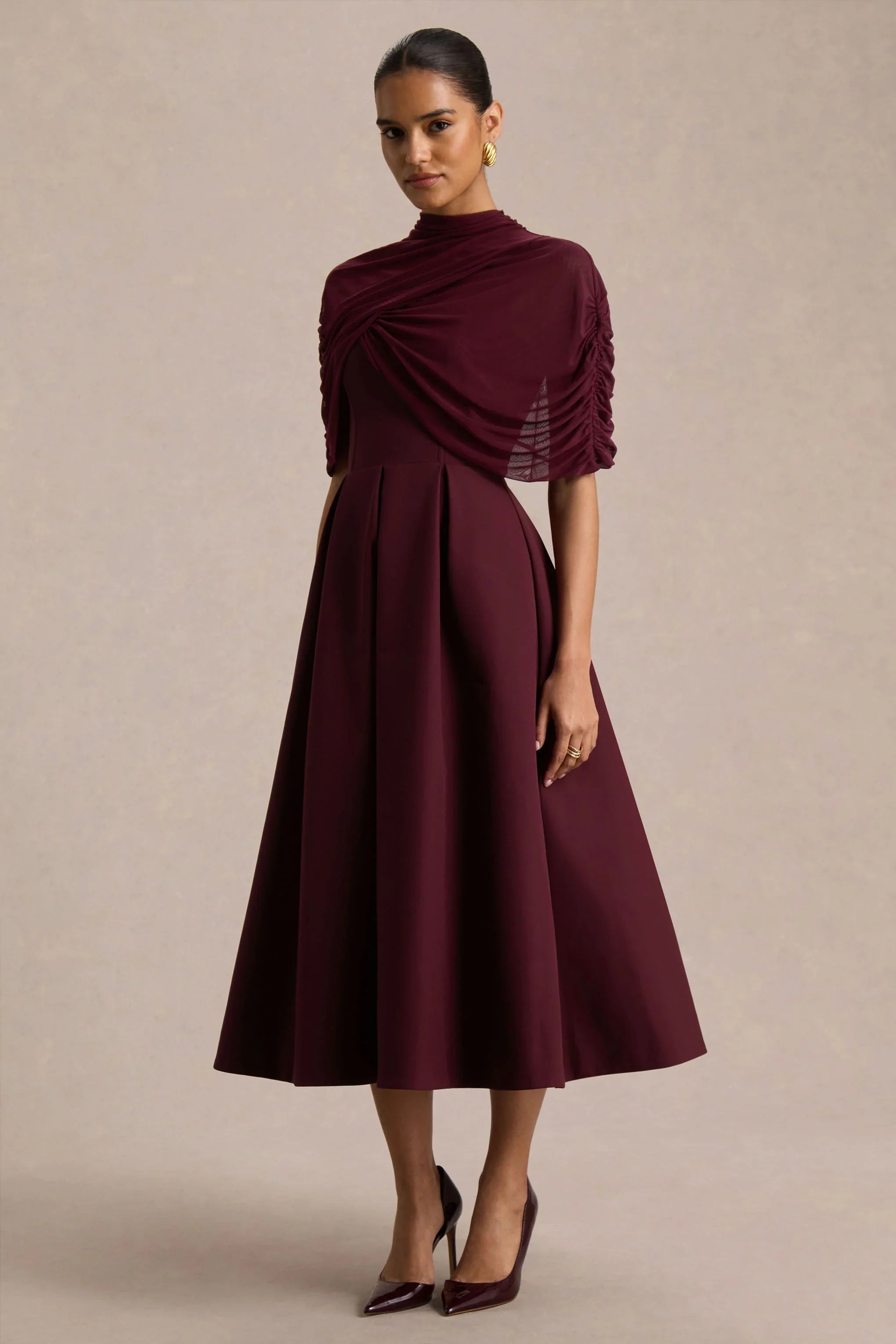 Thalia Burgundy High Neck Midi Dress With Sheer Mesh Cape