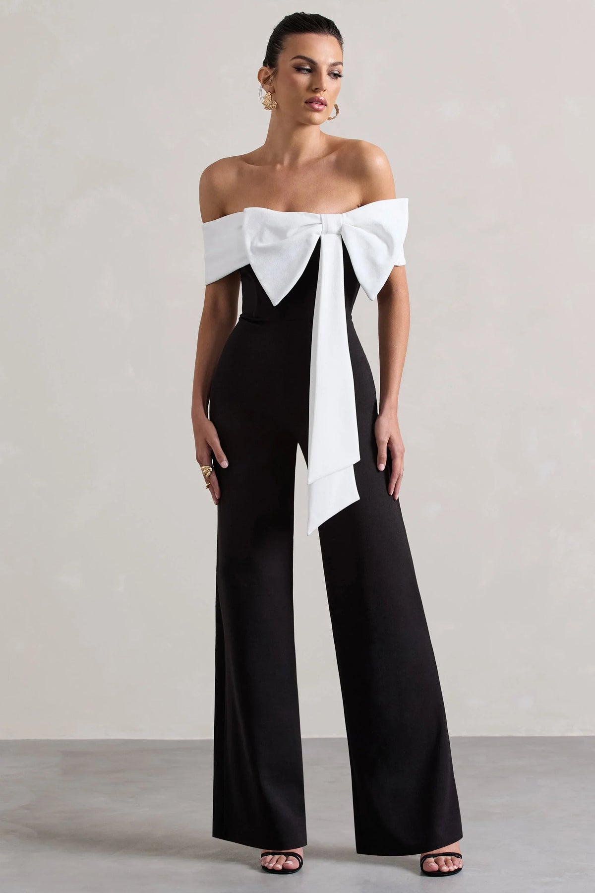 Bower Black Bardot Straight Leg Jumpsuit With Bow