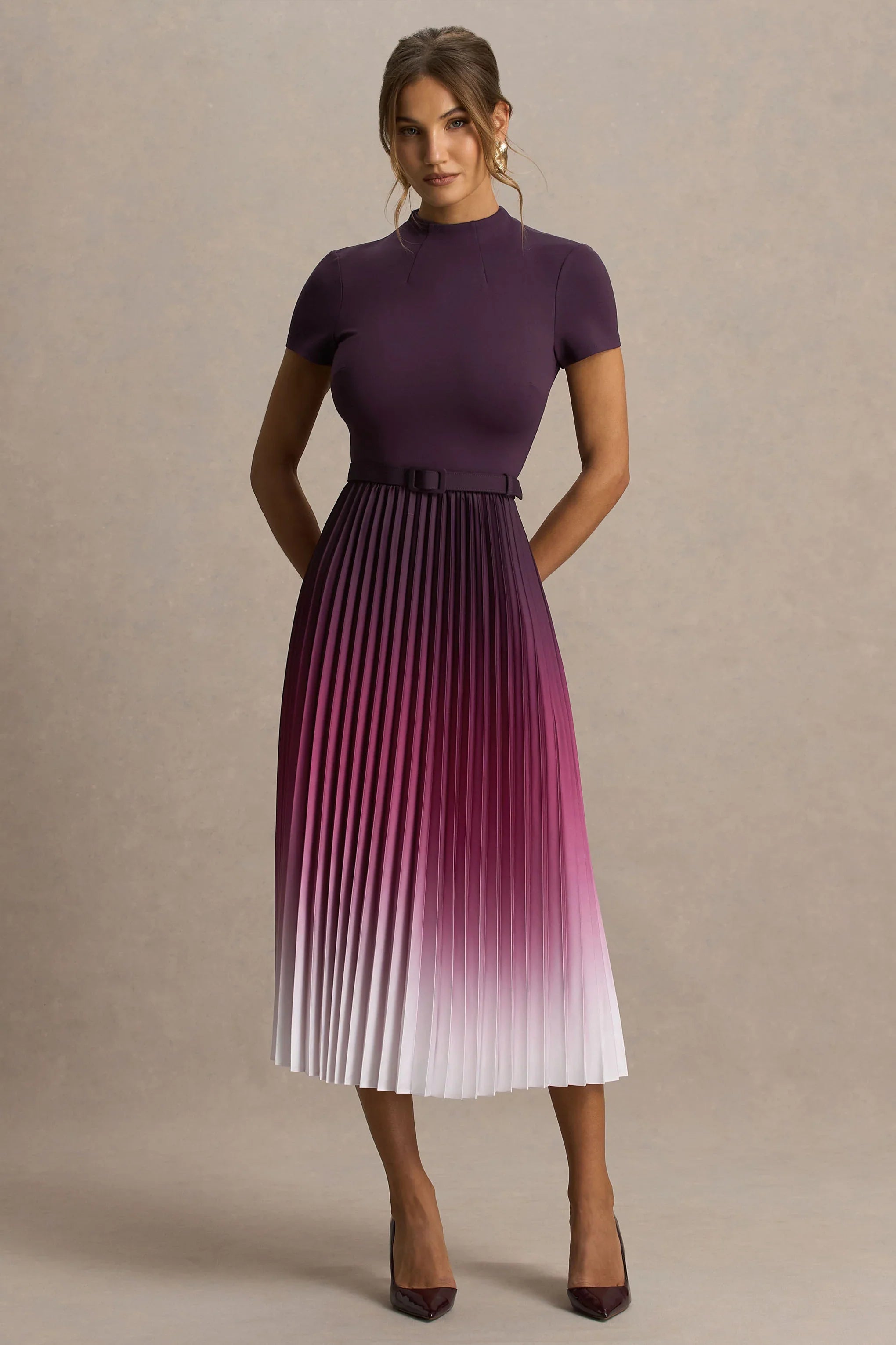 Libby Burgundy Ombre Woven High Neck Midi Dress With Pleated Detailing