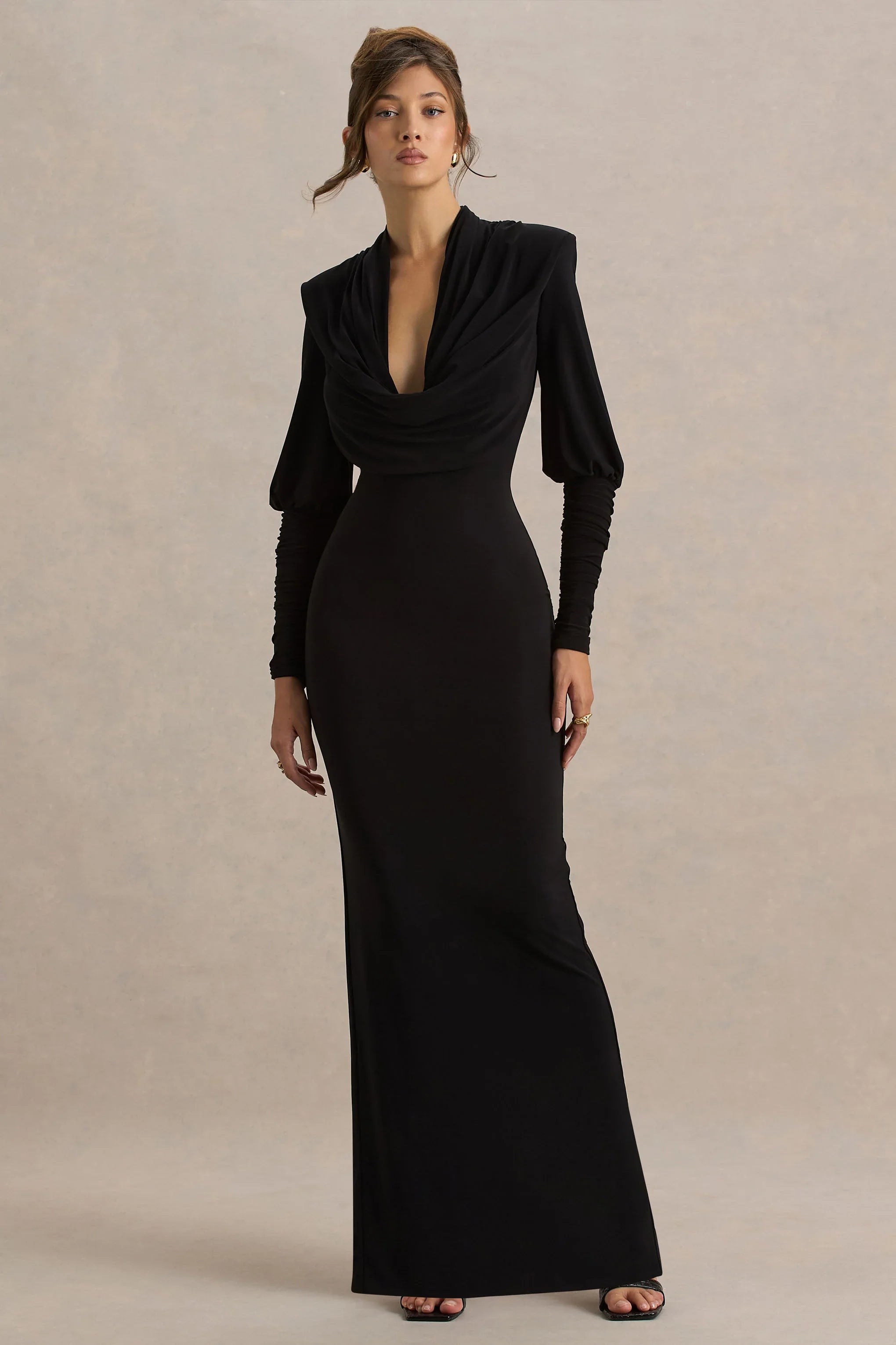 Kaylee Black Cowl Neck Maxi Dress With Draping Details