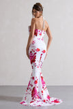 Sakura Pink Floral Print Halter Neck Fishtail Maxi Dress With Bow