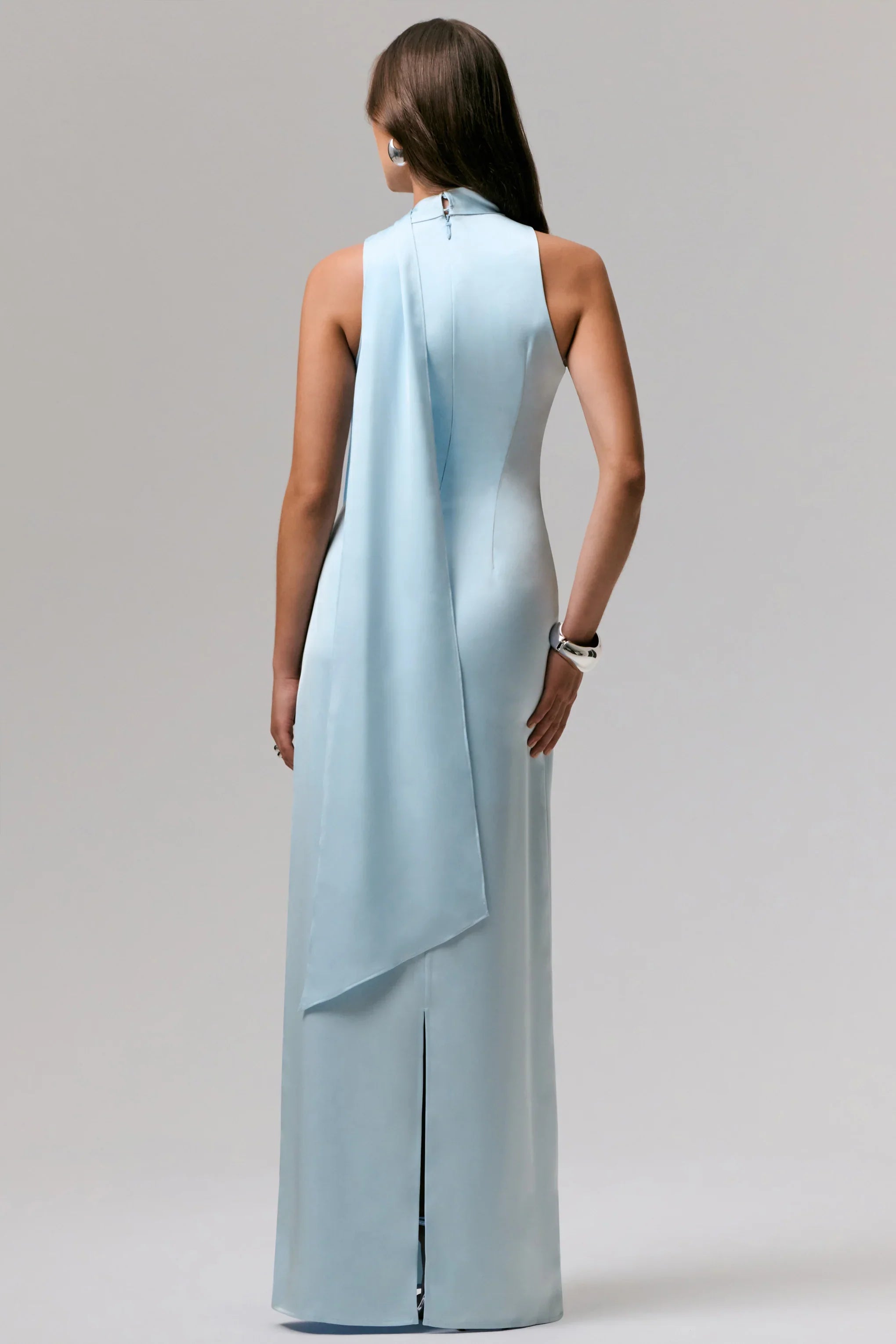 True Icon Powder Blue Satin V Neck Maxi Slip Dress With Sash