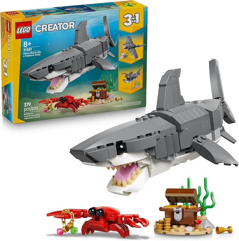 LEGO Creator Fierce Shark with a Treasure Chest Building Toy for Boys Girls Kids Build a Shark Fish or Manta Ray Animal Figure Bedroom or Shelf Decor for Ages 8 31381